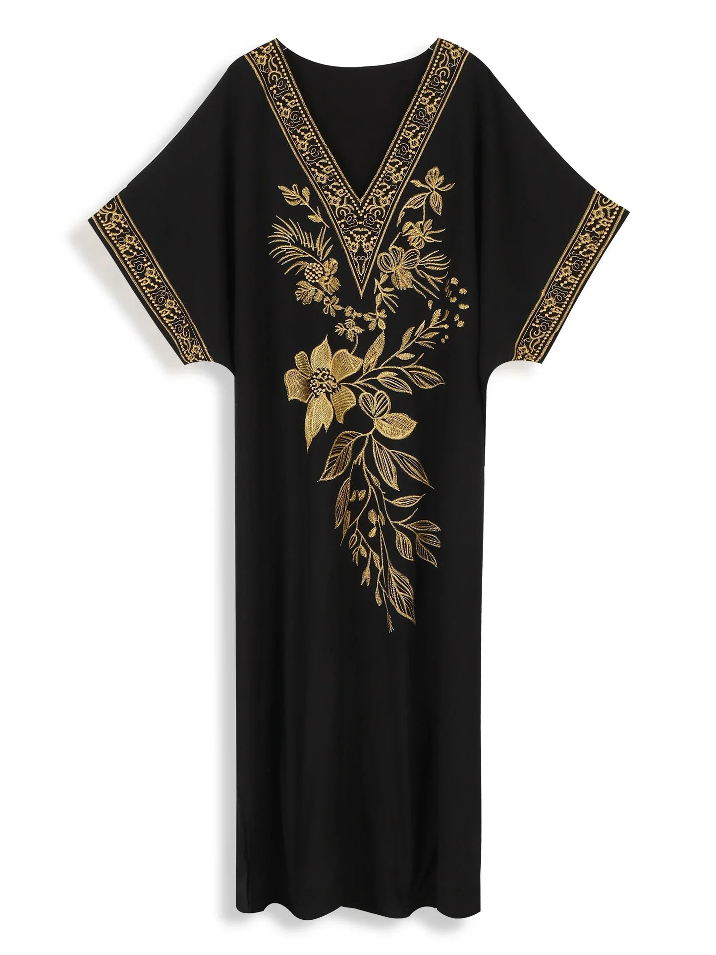 Chic Black Embroidery Floral Printed V Neck Kaftan
