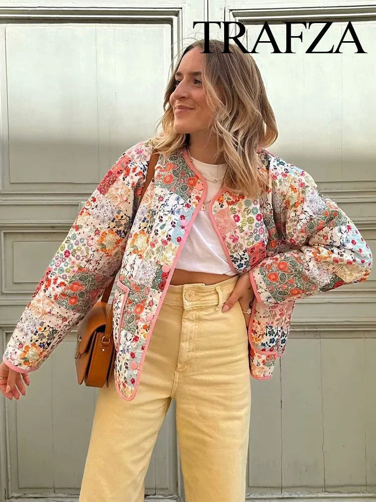 Women Fashion Autumn Winter Floral Print Quilted Jacket