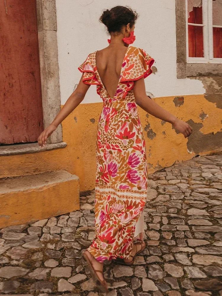 Fashion Flying Sleeved Flower Print Split Maxi Dress Women Fashion V Neck Backless Robes 2024 Summer Chic Female Street Dresses