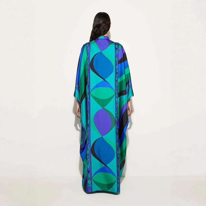 Early Autumn Pattern Printed Party Dress Retro Seven Quarter Sleeve Middle Eastern Dress Ladies O-neck Lace Up Loose Robe Dress