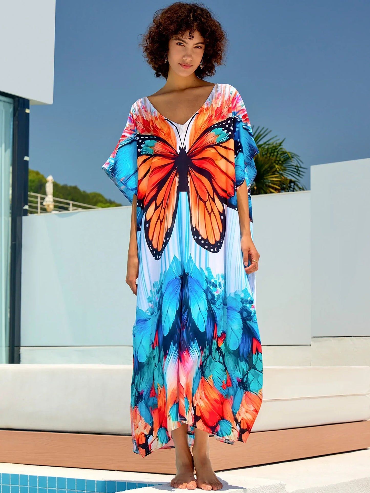 2024 Plus Size Summer Dress For Women Clothing Bohemian Butterfly Printed V Neck Short Sleeve Side Split Maxi Dresses Q1674