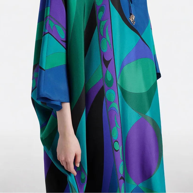 Early Autumn Pattern Printed Party Dress Retro Seven Quarter Sleeve Middle Eastern Dress Ladies O-neck Lace Up Loose Robe Dress