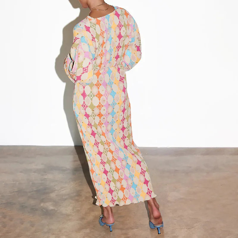 Elegant Women Colorful Print Pleated Midi Dress