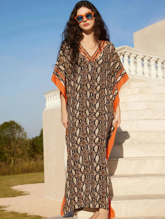 Bohemian Brown Snake Printed V Neck Kaftan