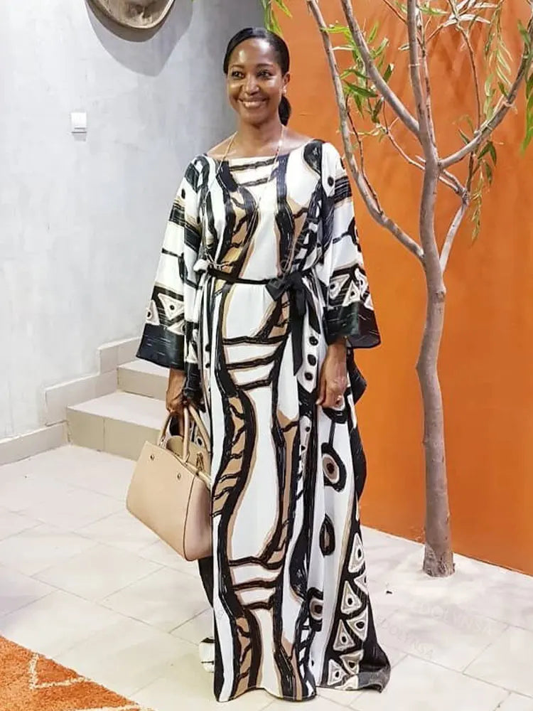 2023 Elegant Long Kaftan Printed V-neck Batwing Sleeve Street Wear Loose Maxi Dresses Women Beach Wear Swim Suit Cover Up Q1341