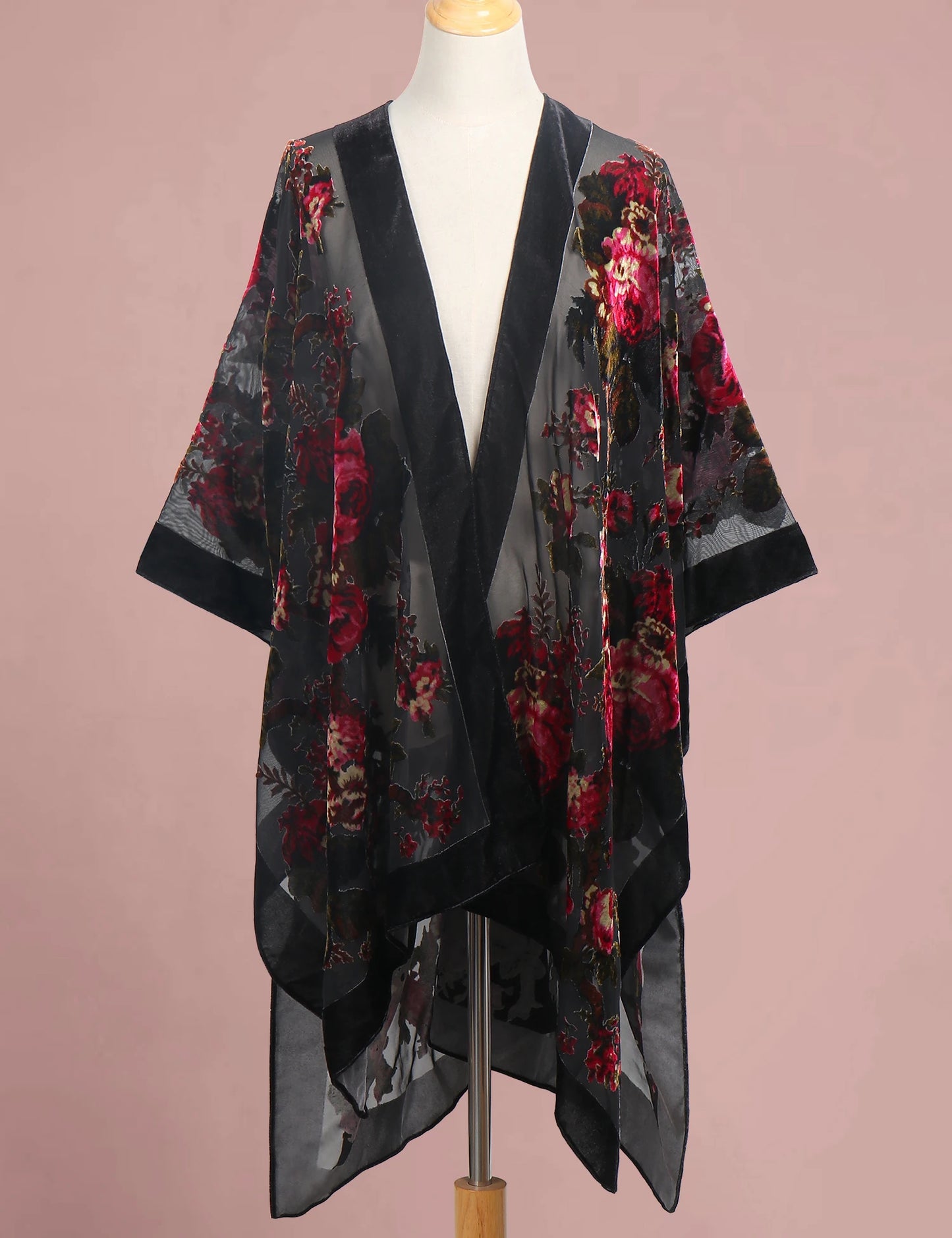 WeHello Bohemian Women's Burnout Velvet Kimono Long Cardigan With Beach Coverup Luxury Holiday Cardigan Shawl Tassel Chiffon