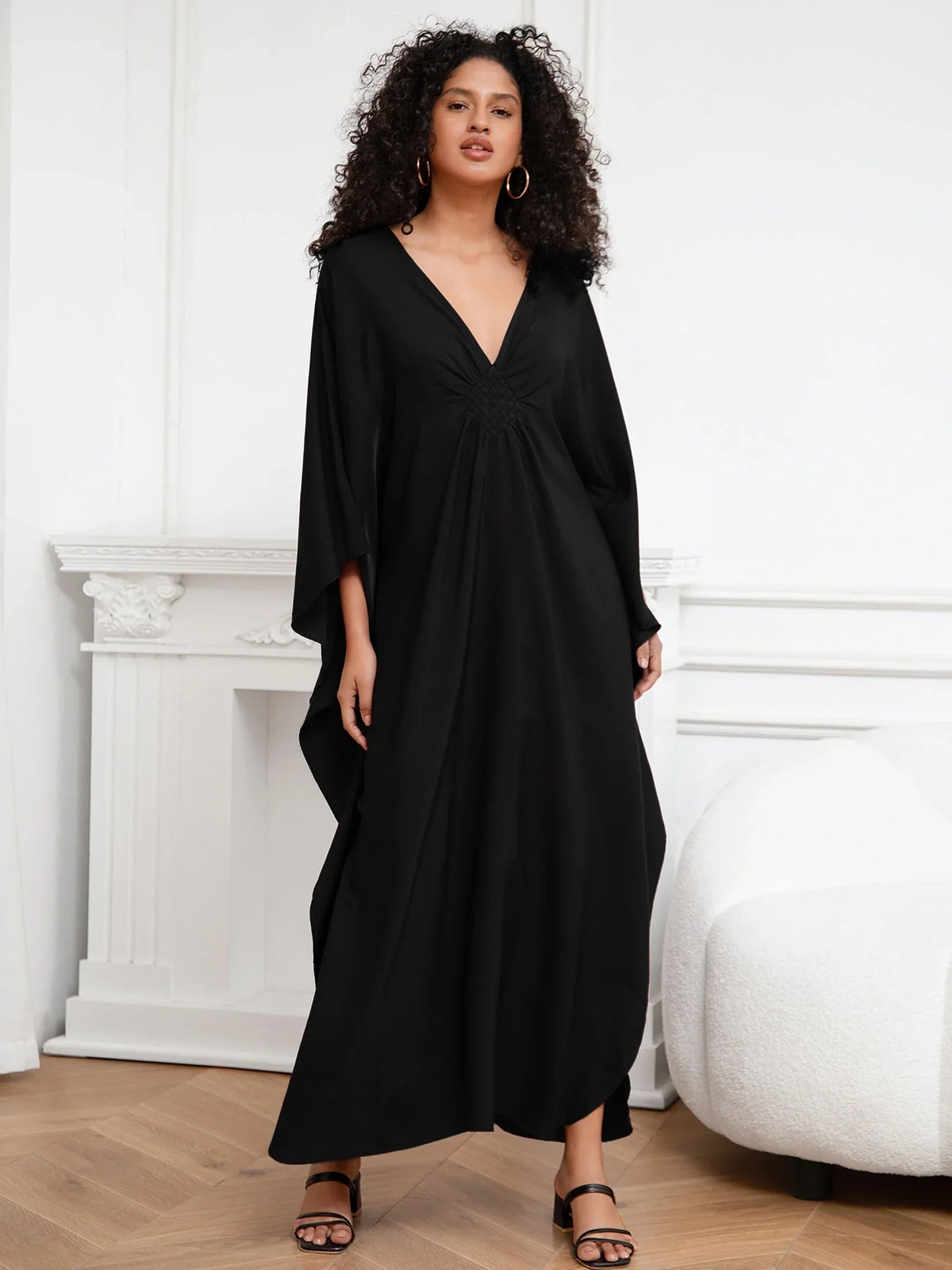 Bohemian Solid V-neck Batwing Sleeve Loose Maxi Dress