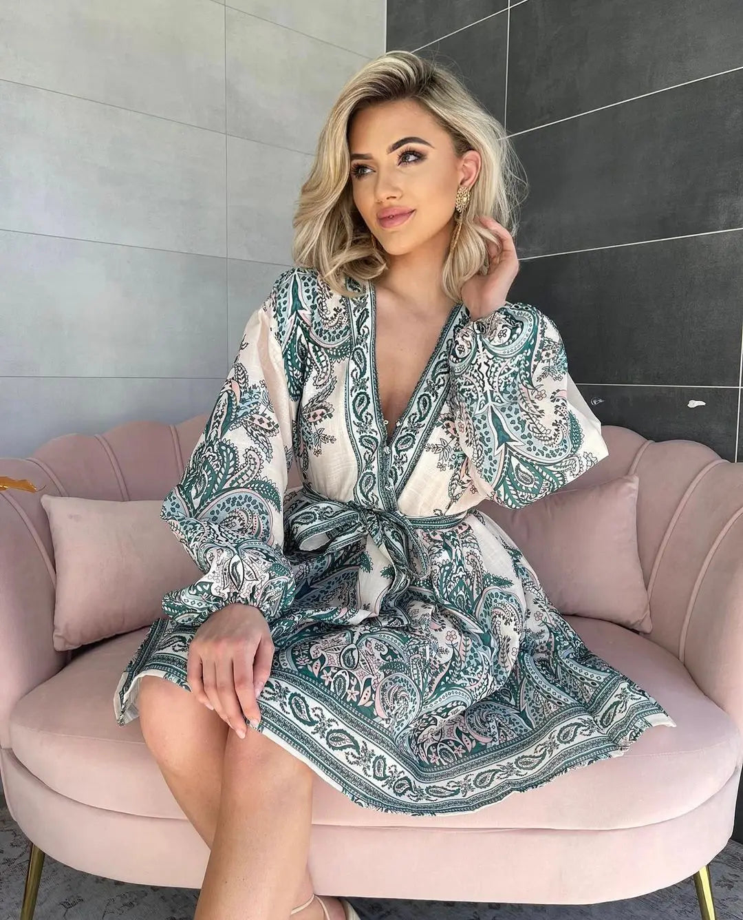 Elegant Printed V Neck Lace Up Long Sleeve Dress
