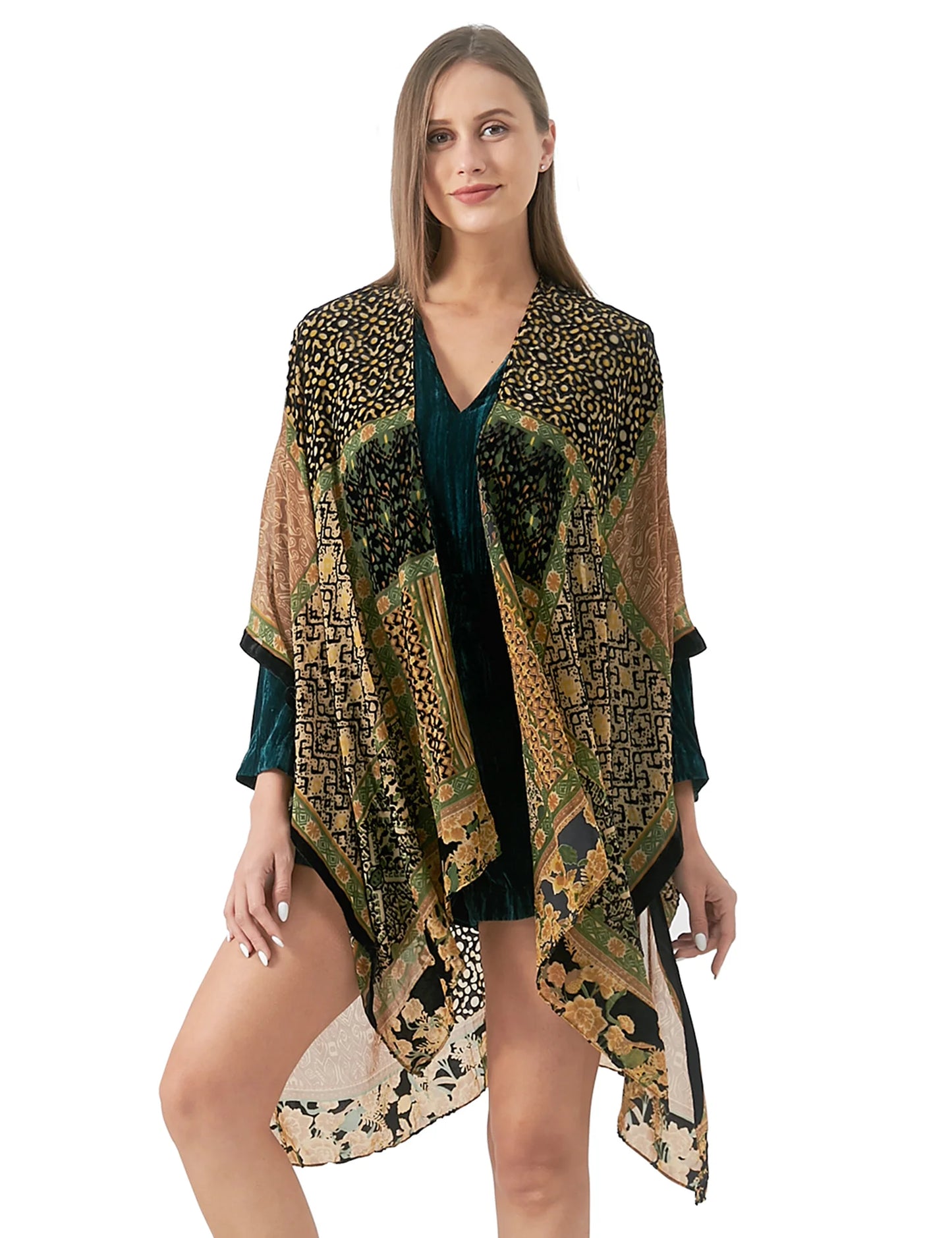 WeHello Bohemian Women's Burnout Velvet Kimono Long Cardigan With Beach Coverup Luxury Holiday Cardigan Shawl Tassel Chiffon