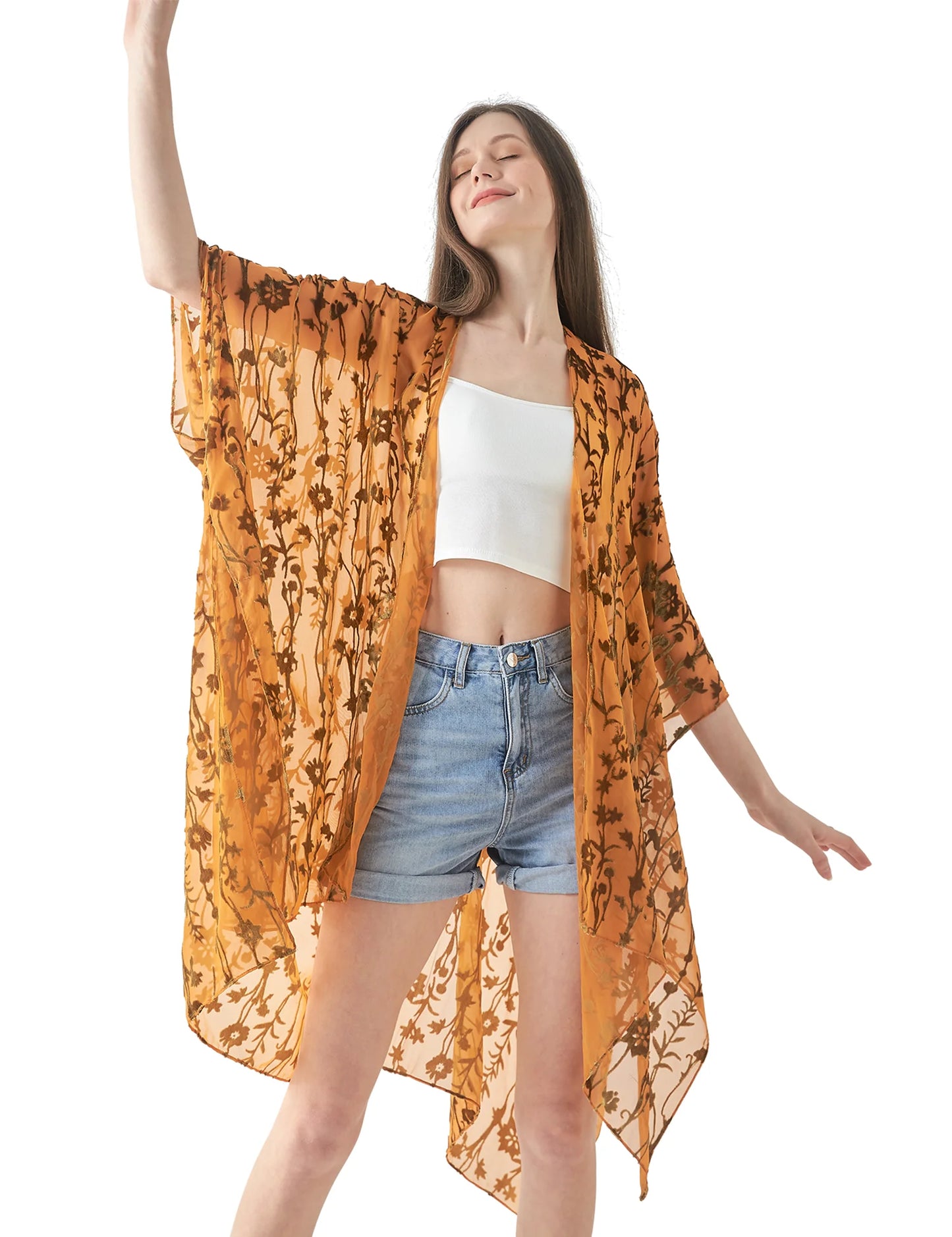 WeHello Bohemian Women's Burnout Velvet Kimono Long Cardigan With Beach Coverup Luxury Holiday Cardigan Shawl Tassel Chiffon