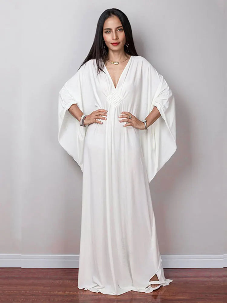 Solid V-neck Batwing Sleeve Plus Size Kaftan
