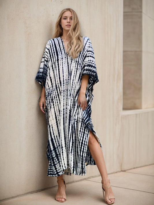 Plus Size Striped Tie-dye V-neck Short Sleeve Kaftan /flash offer