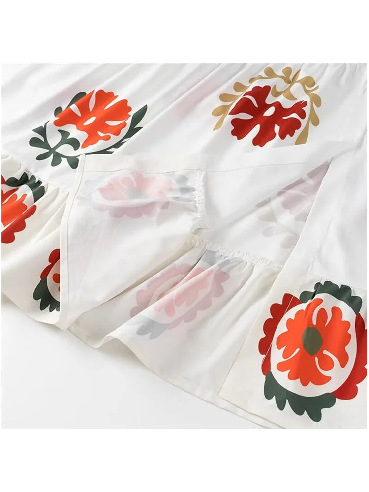 Zevity 2024 Women Vintage Position Floral Print Loose Shirt Midi Dress Female Chic Three Quarter Sleeve Retro Vestidos DS6199
