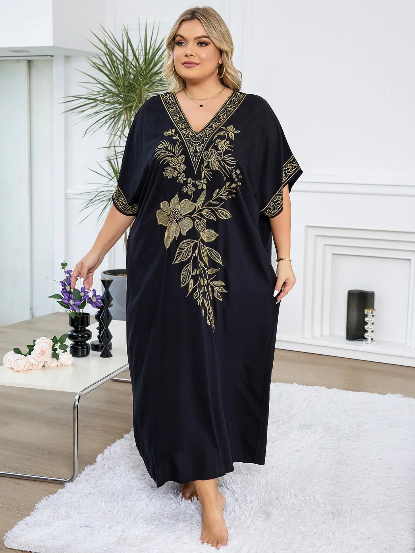 Chic Black Embroidery Floral Printed V Neck Kaftan