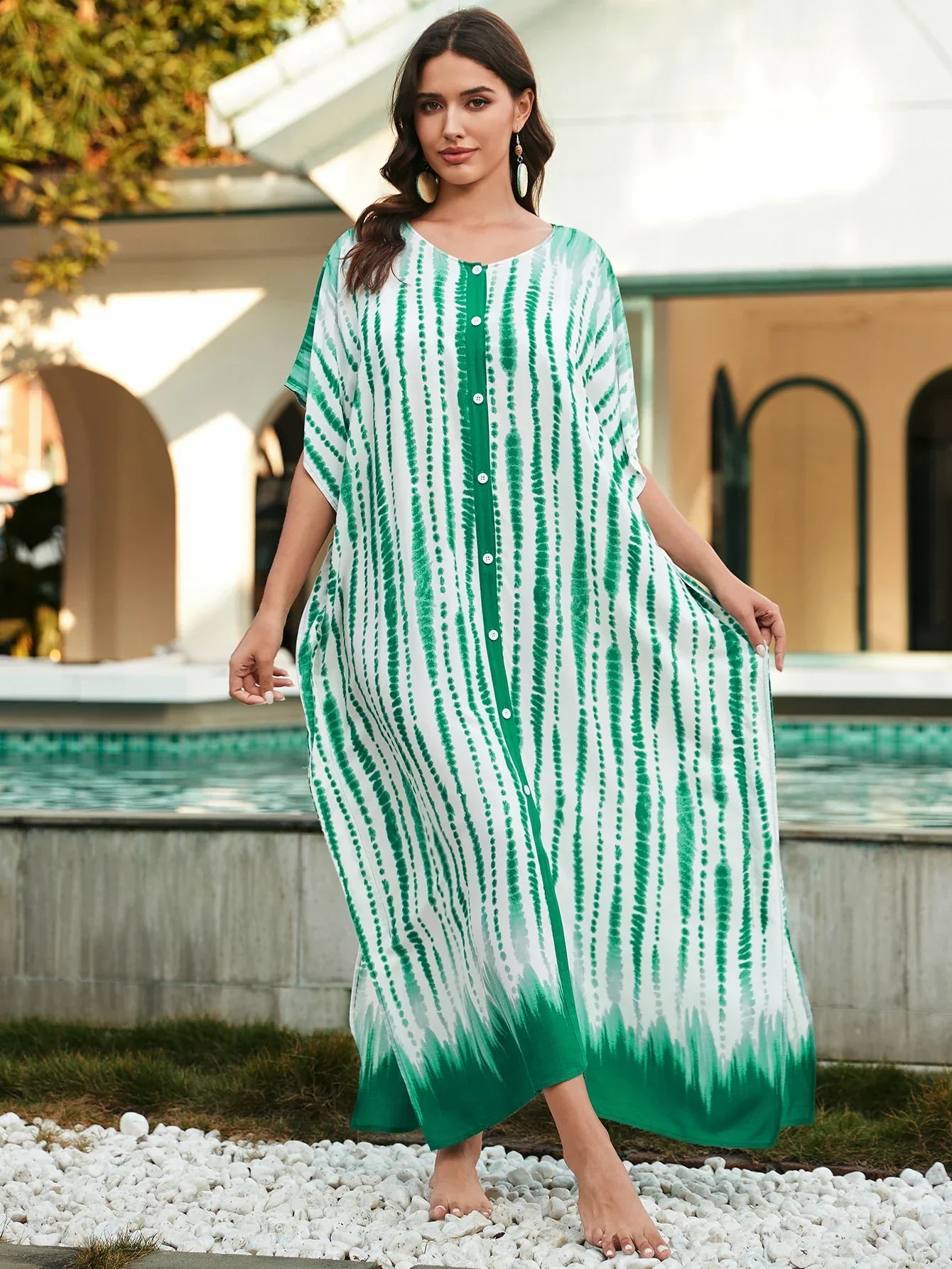 Green Striped Button Kaftan