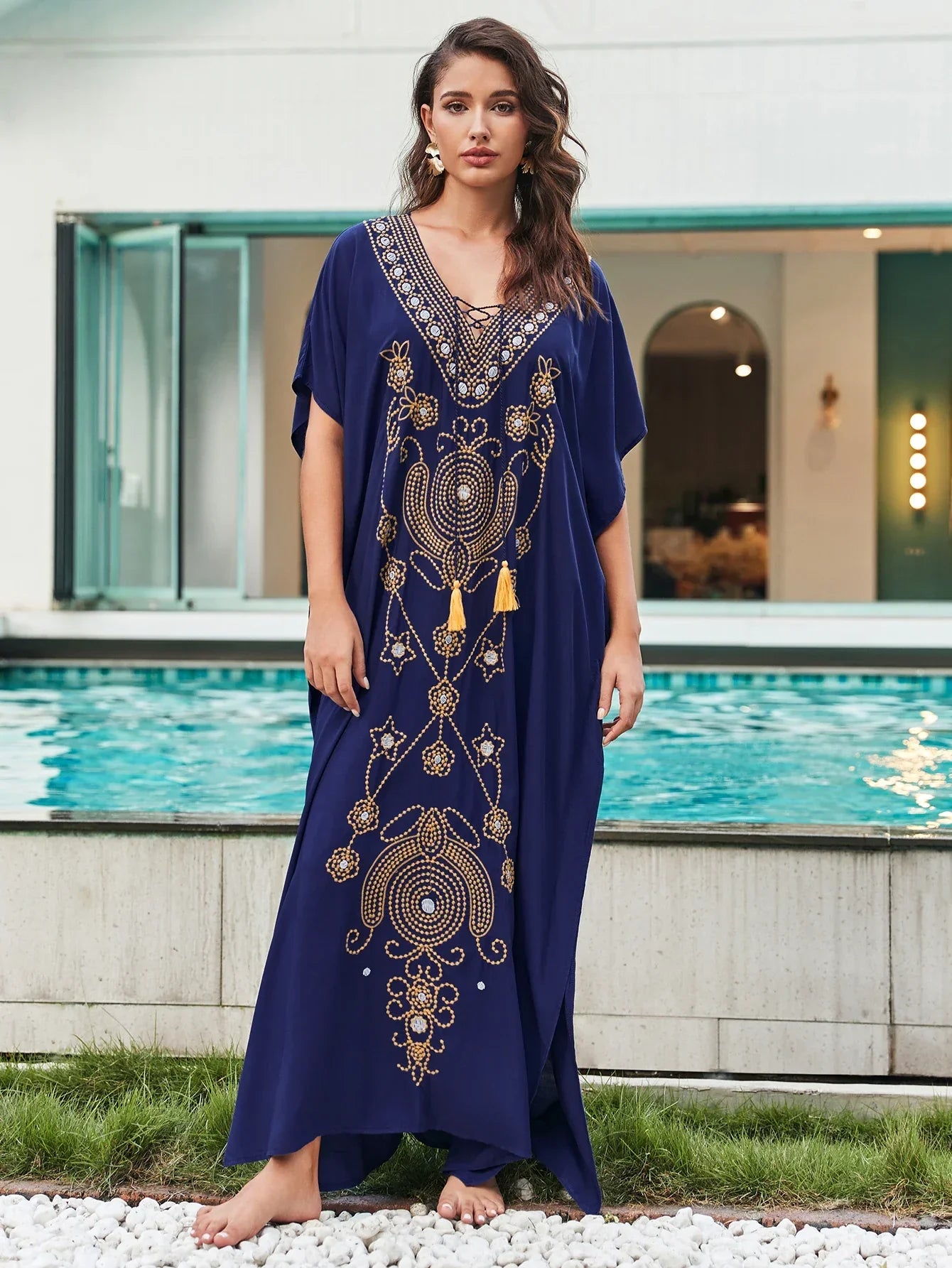 Deep V Neck Embroidery Printed Plus Size Kaftn
