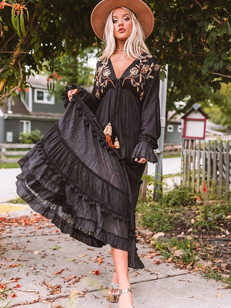 GypsyLady Black Embroidery Maxi Dress Cotton V-neck Long Sleeve Long Boho Tassle V-neck Autumn Dresses for Women Ladies Vestidos
