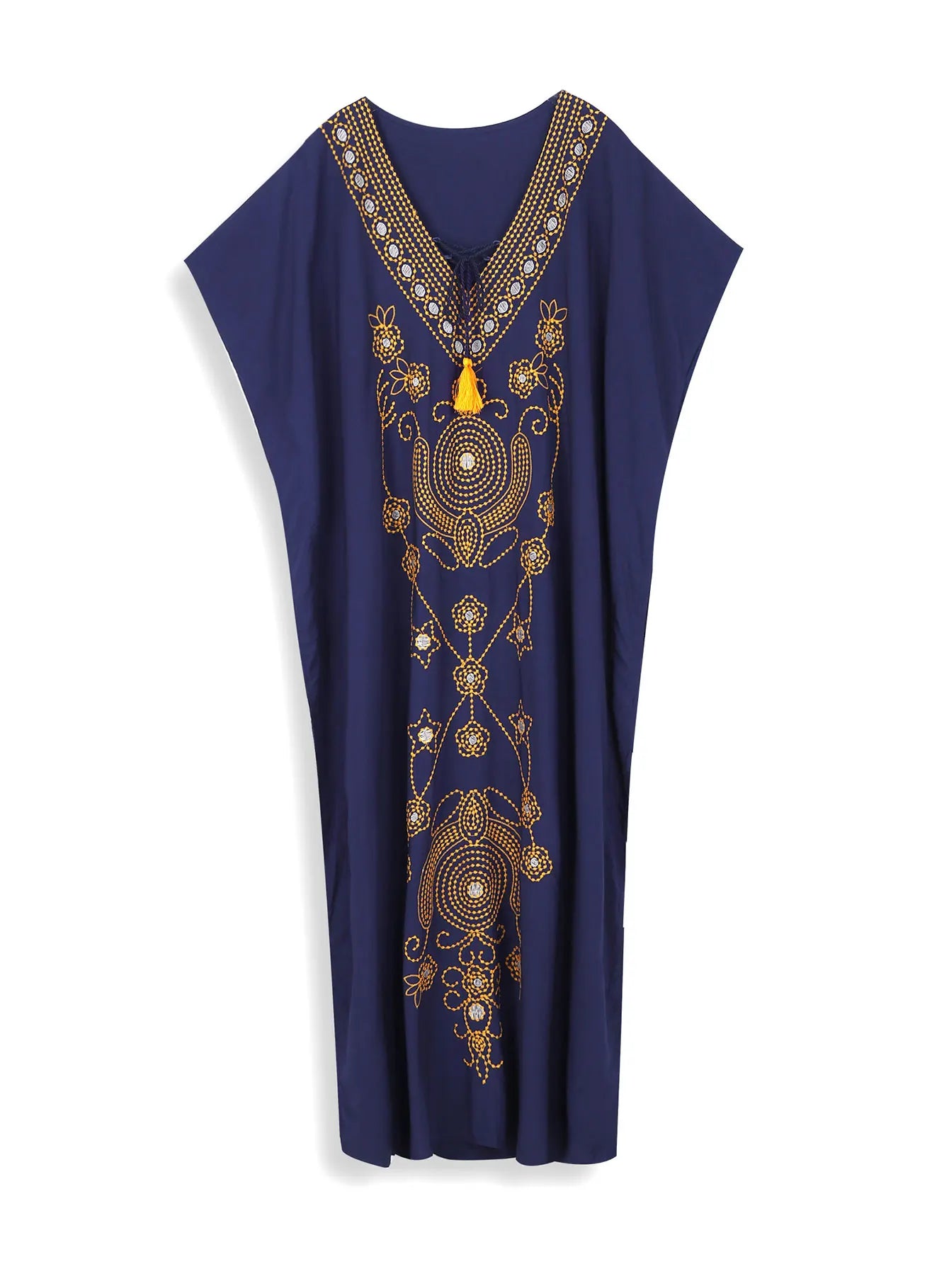Deep V Neck Embroidery Printed Plus Size Kaftn