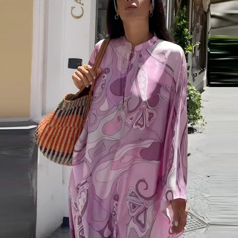 Early Autumn Pattern Printed Party Dress Retro Seven Quarter Sleeve Middle Eastern Dress Ladies O-neck Lace Up Loose Robe Dress