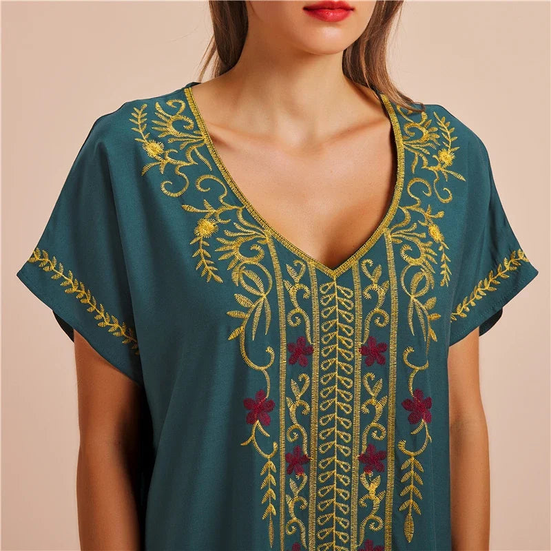 Embroidery Robe V-neck Batwing Sleeve Beach Maxi Dress