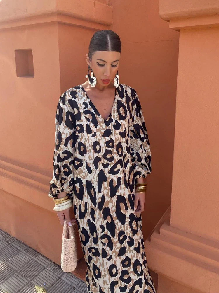 Fashion Leopard Maxi Dress Women's Summer Sexy V-neck Loose Long Sleeve Printing Dresses Female Elegant Beach Holiday Lady Robe