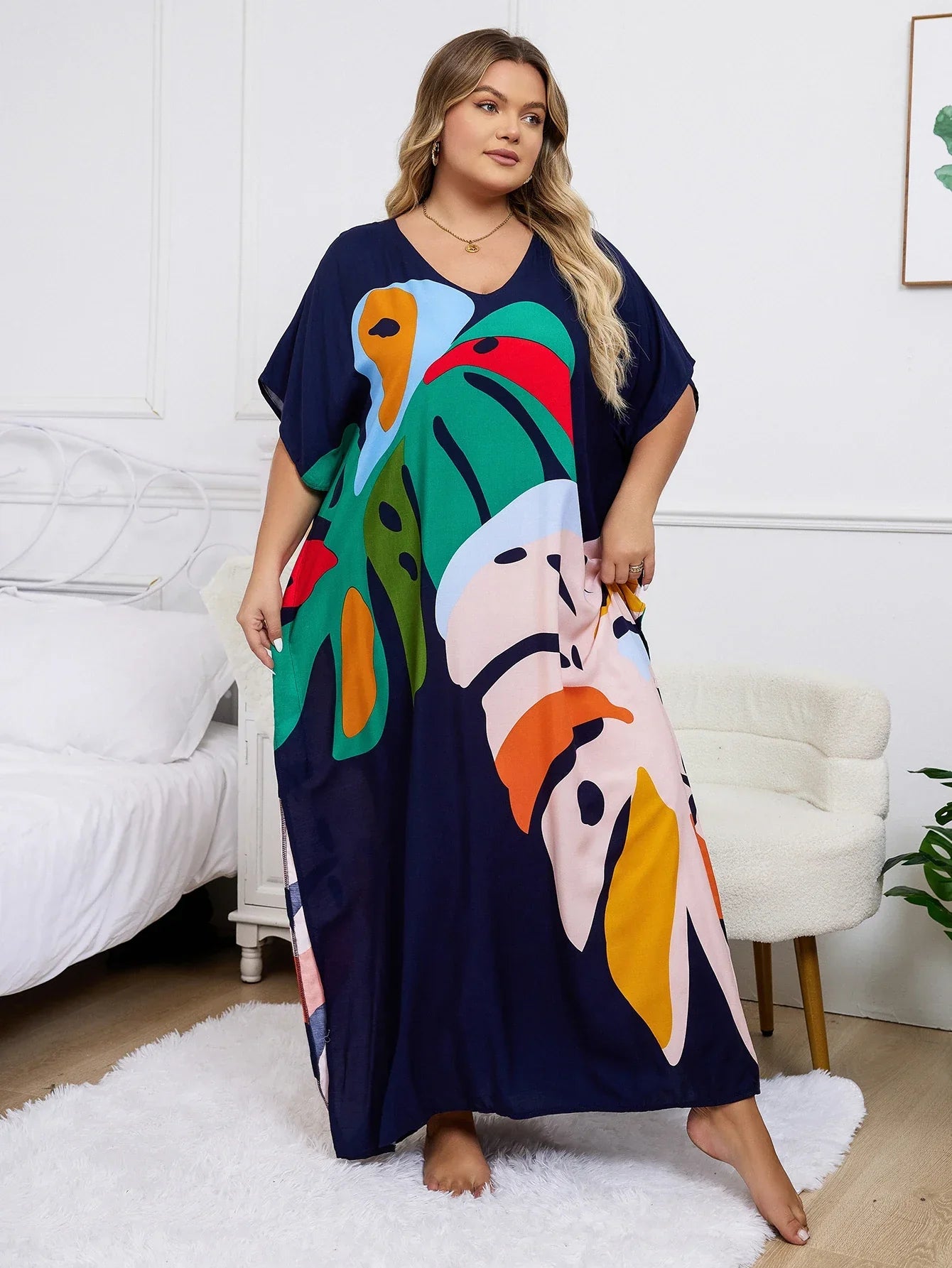 Plus Size Bohemian Black Plant Printed Kaftan Dress 2024 Summer Clothing Women Sundress Beach Wear Maxi Dresses Q1476