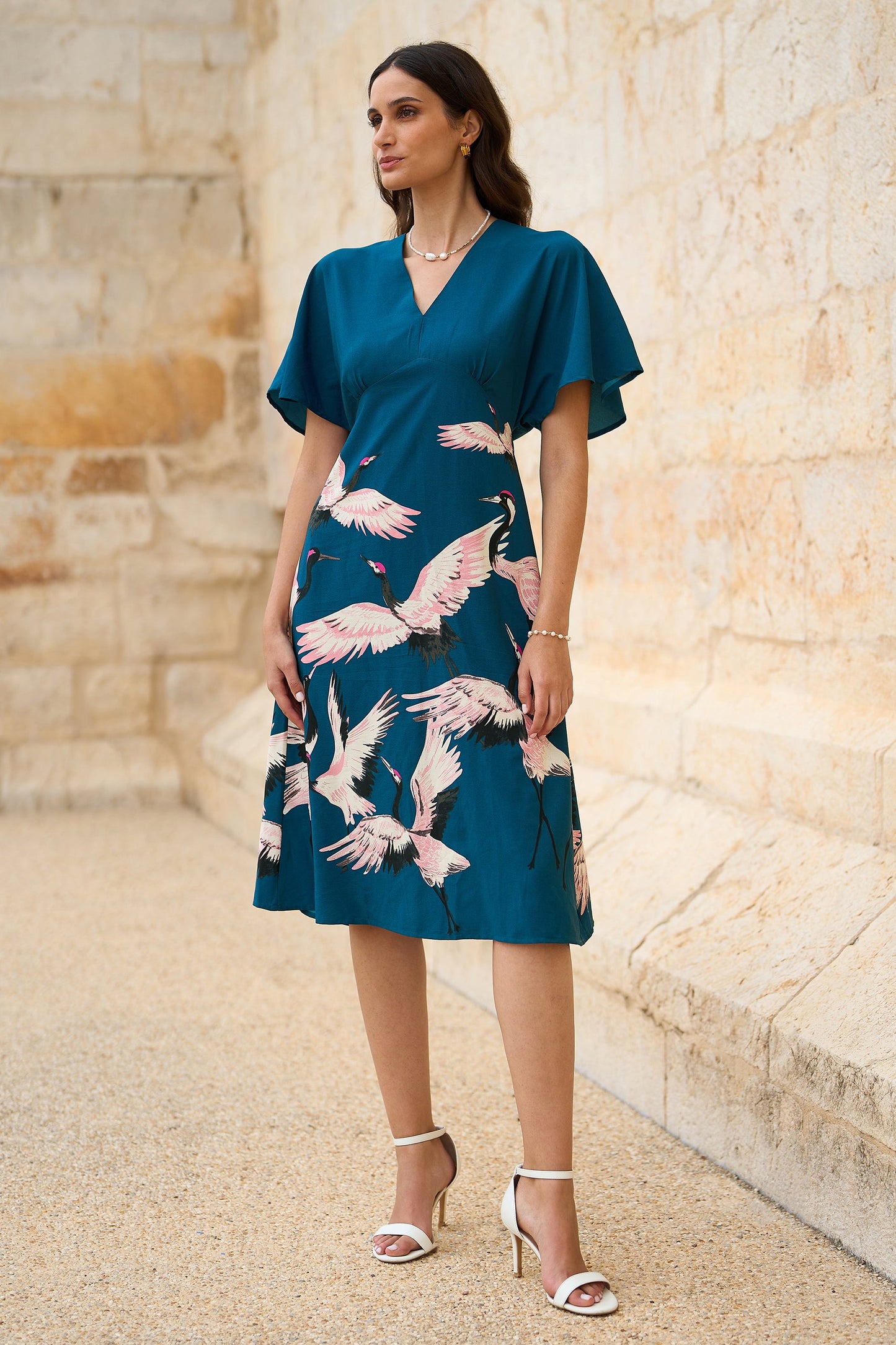 Yumi Teal Recycled Fabric Crane Print Kimono Midi Dress