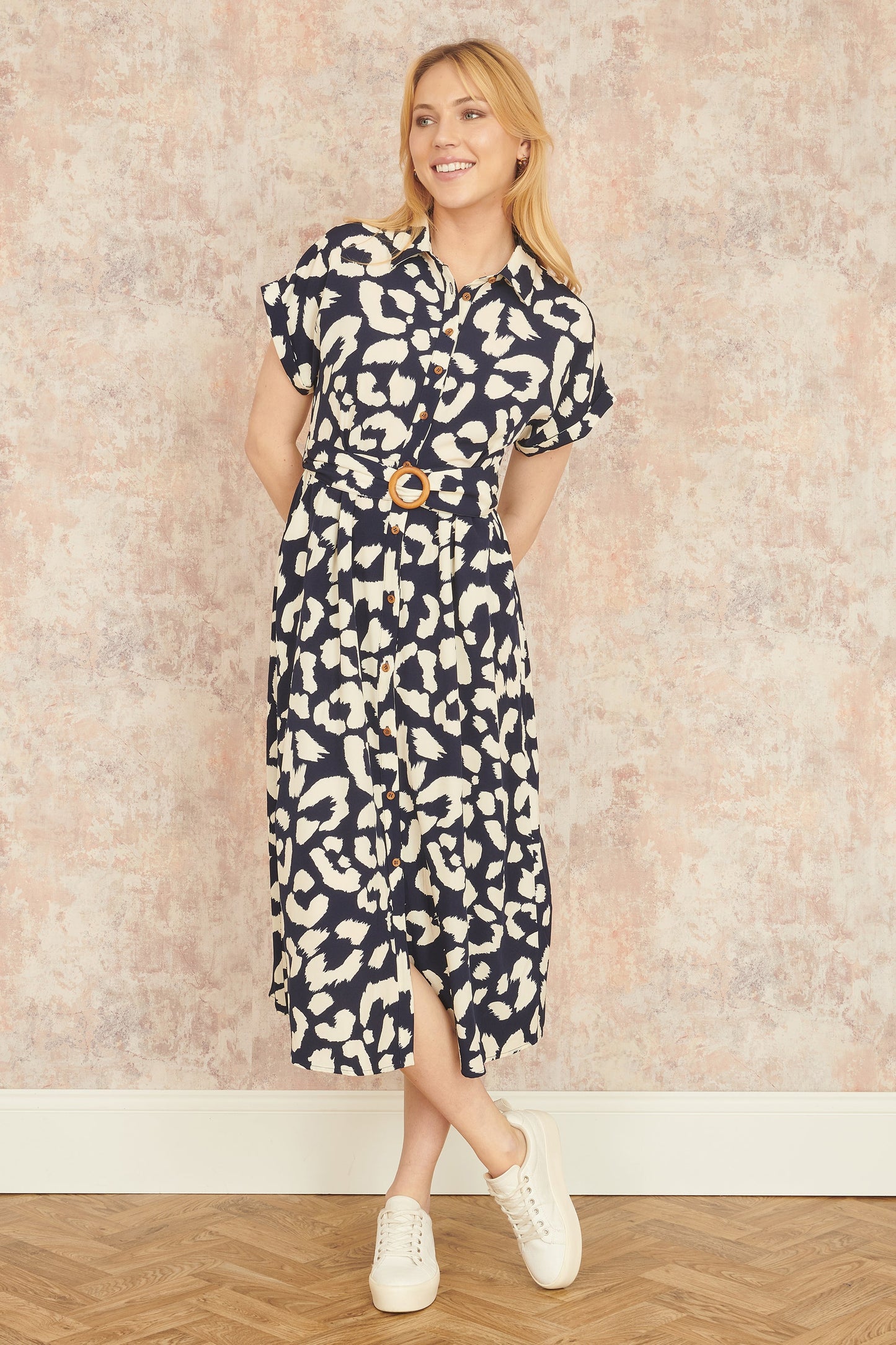 Yumi Navy Abstract Animal Print Relaxed Midi Shirt Dress With Belt