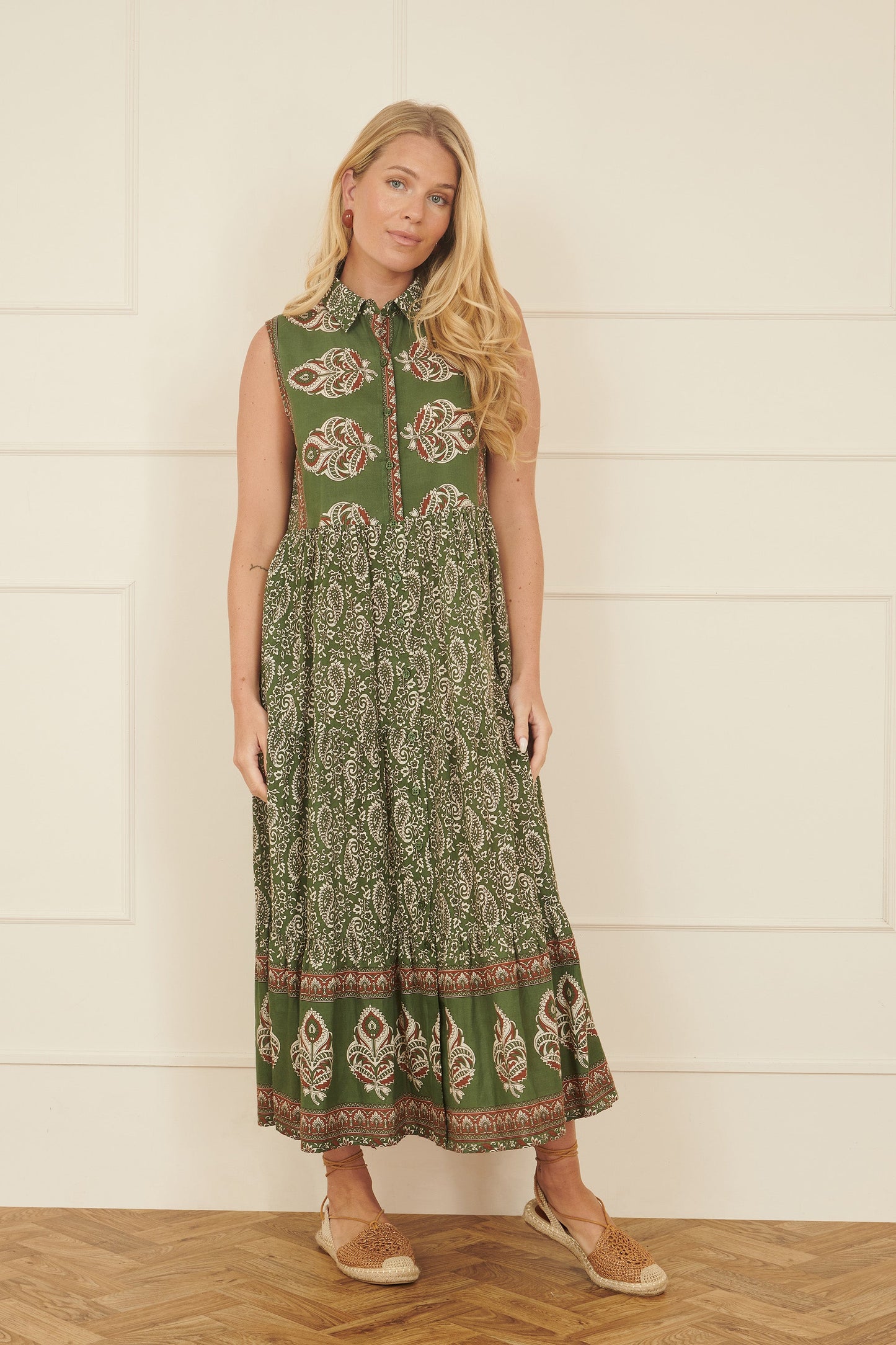 Yumi Green Cotton Paisley Midi Sleeveless Shirt Dress
