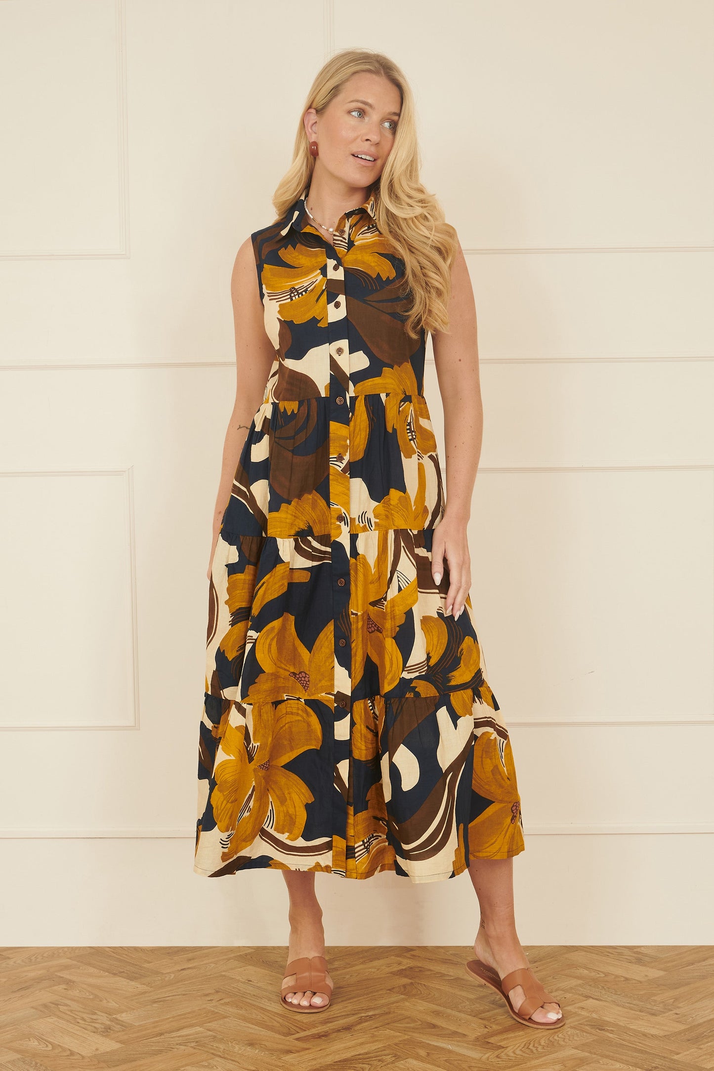 Yumi Navy Cotton Leaf Midi Sleeveless Shirt Dress