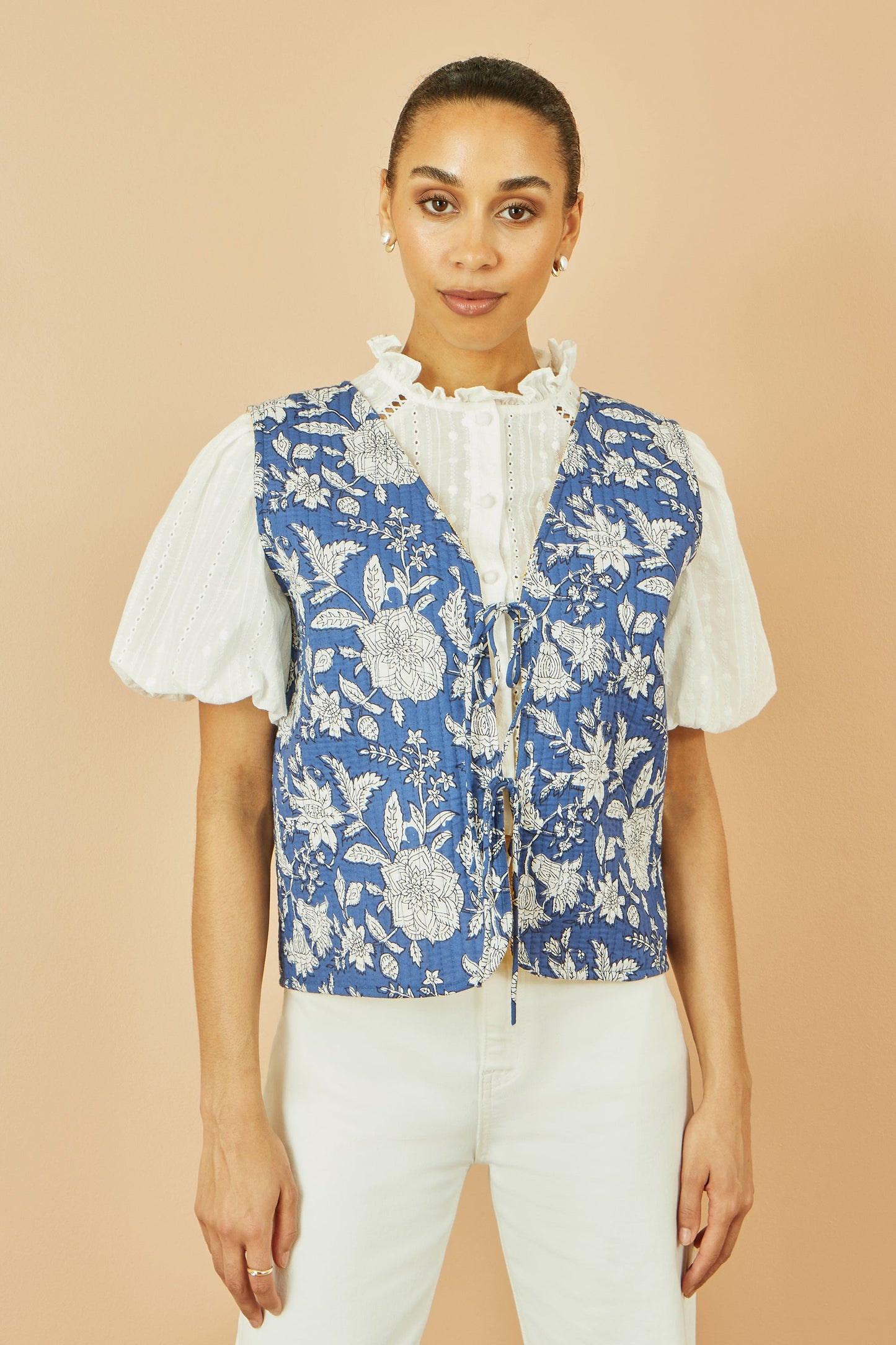 Yumi Blue Floral Reversible Cotton Quilted Waistcoat
