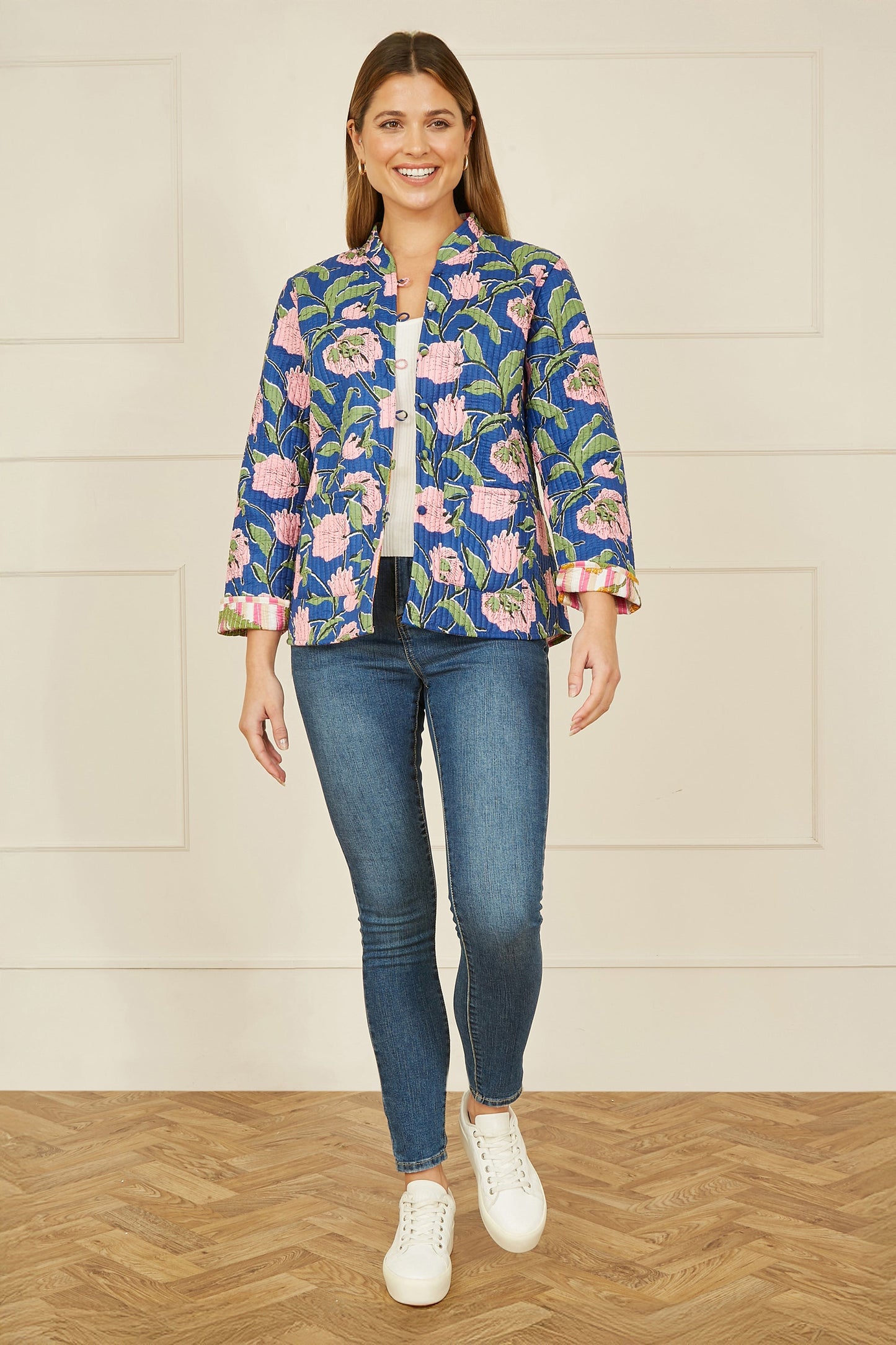 Yumi Pink Floral Reversible Cotton Quilted Jacket