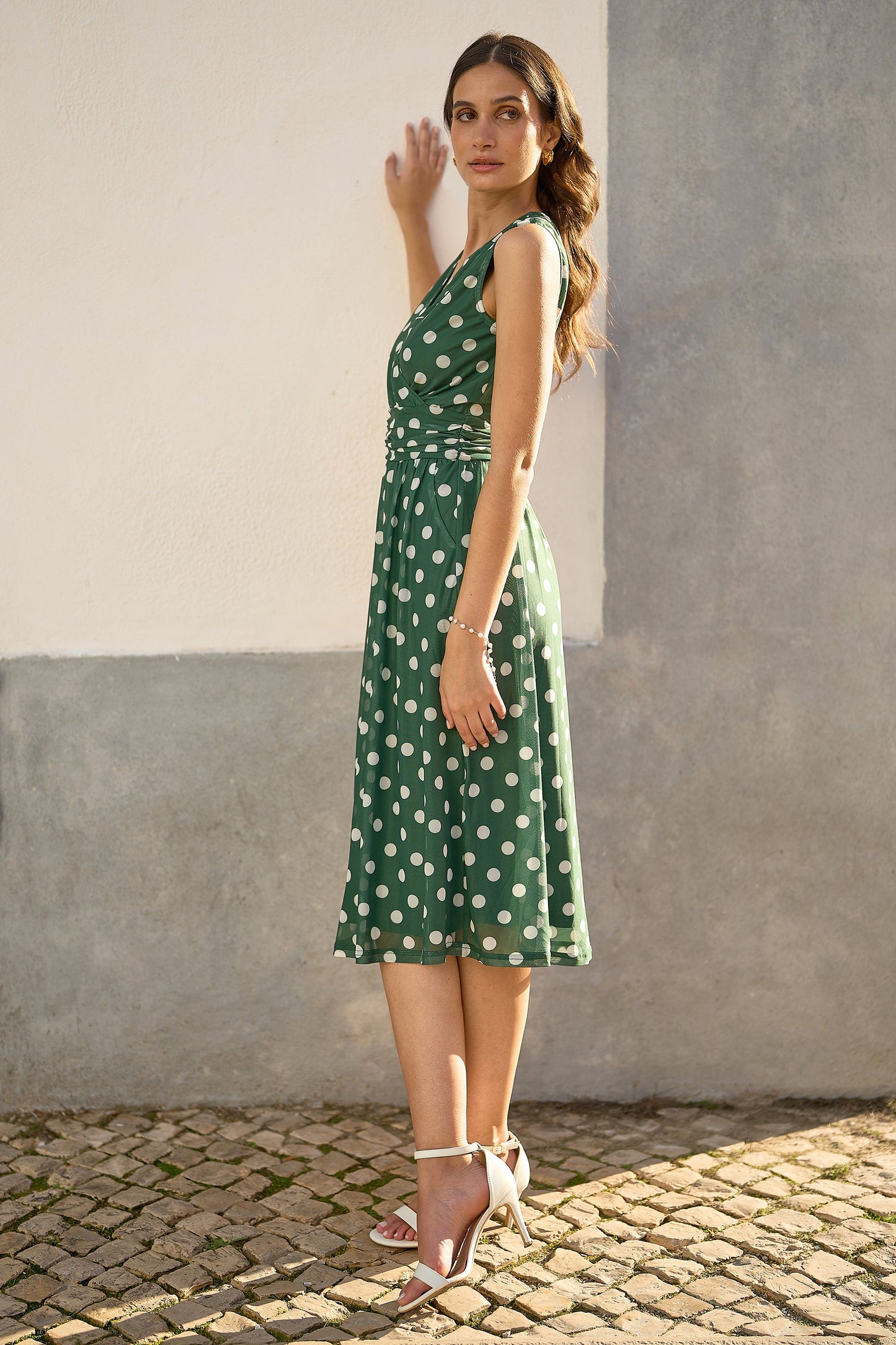 Yumi Green Polka Dot Mesh Wrap Skater Dress With Pockets
