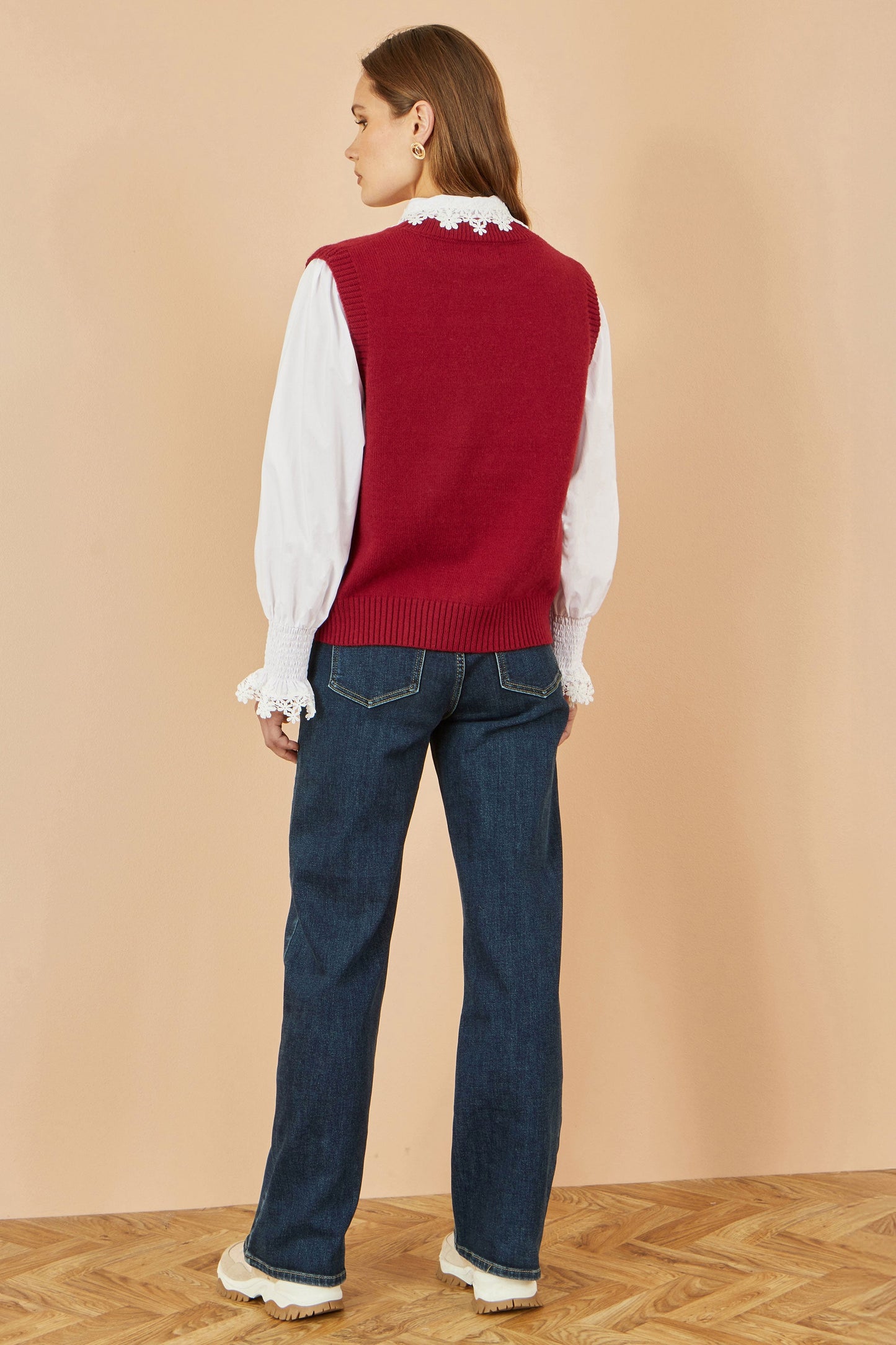 Yumi Burgundy Knitted Flower Sleeveless Jumper Vest