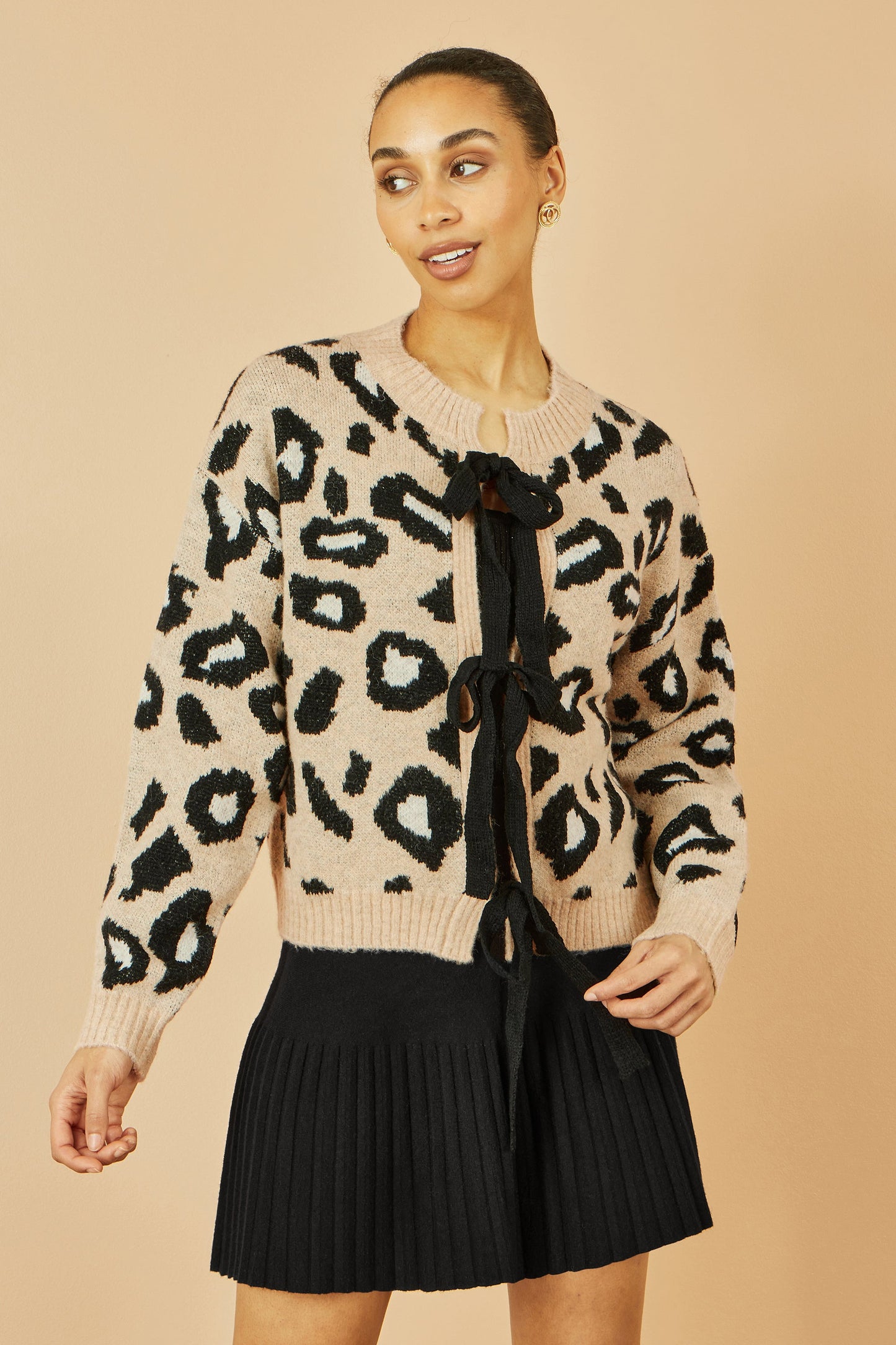 Yumi Beige Animal Print Intarsia Tie Front Cardigan