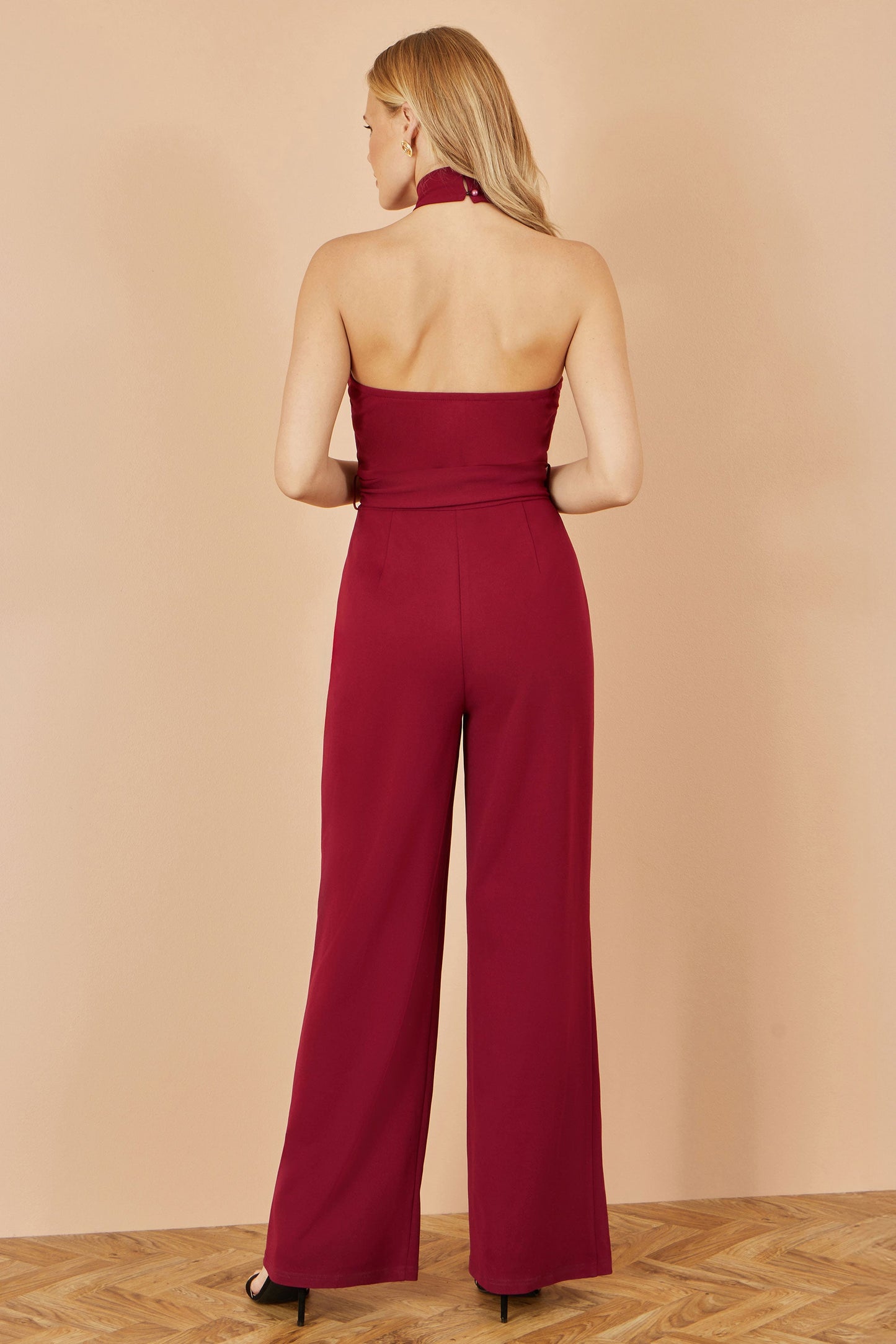 Yumi Burgundy Cross Over Halter Neck Jumpsuit