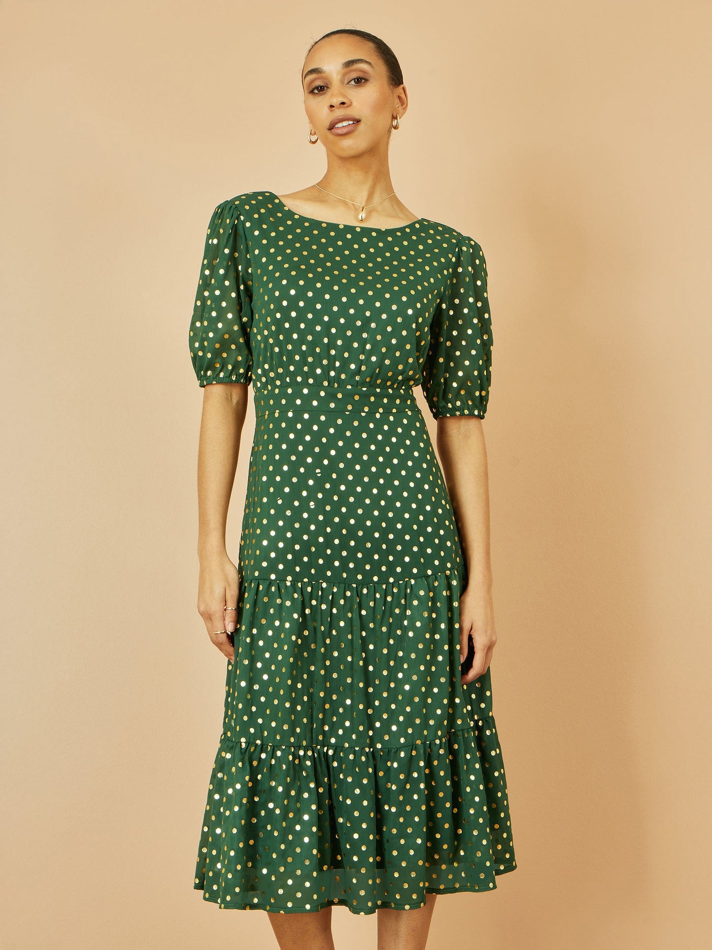 Yumi Green Gold Foil Spot Midi Dress With Scoop Back