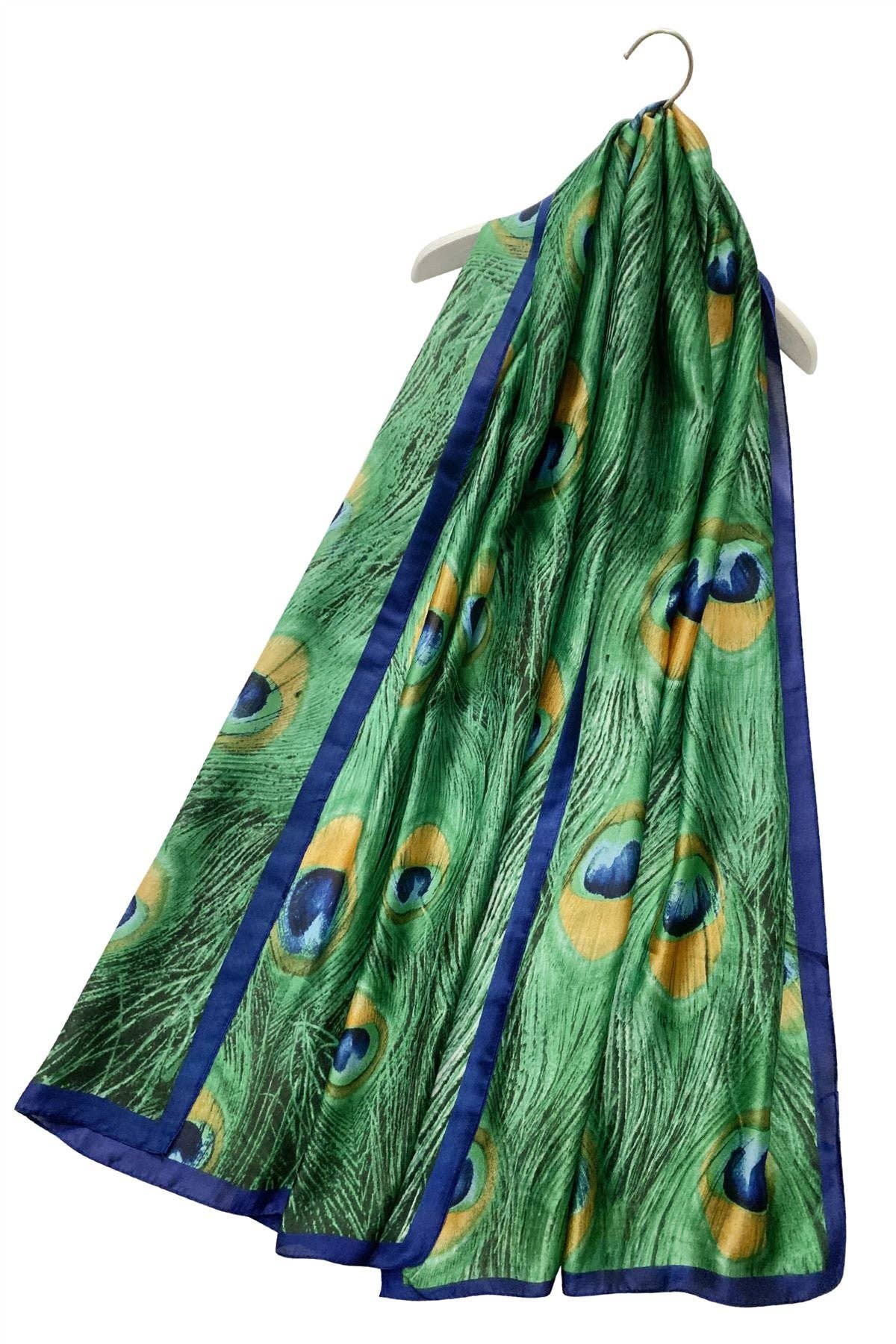 Peacock Feather Print Silk Scarf: Green