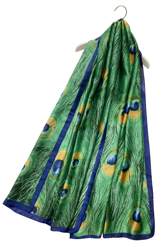 Peacock Feather Print Silk Scarf: Green