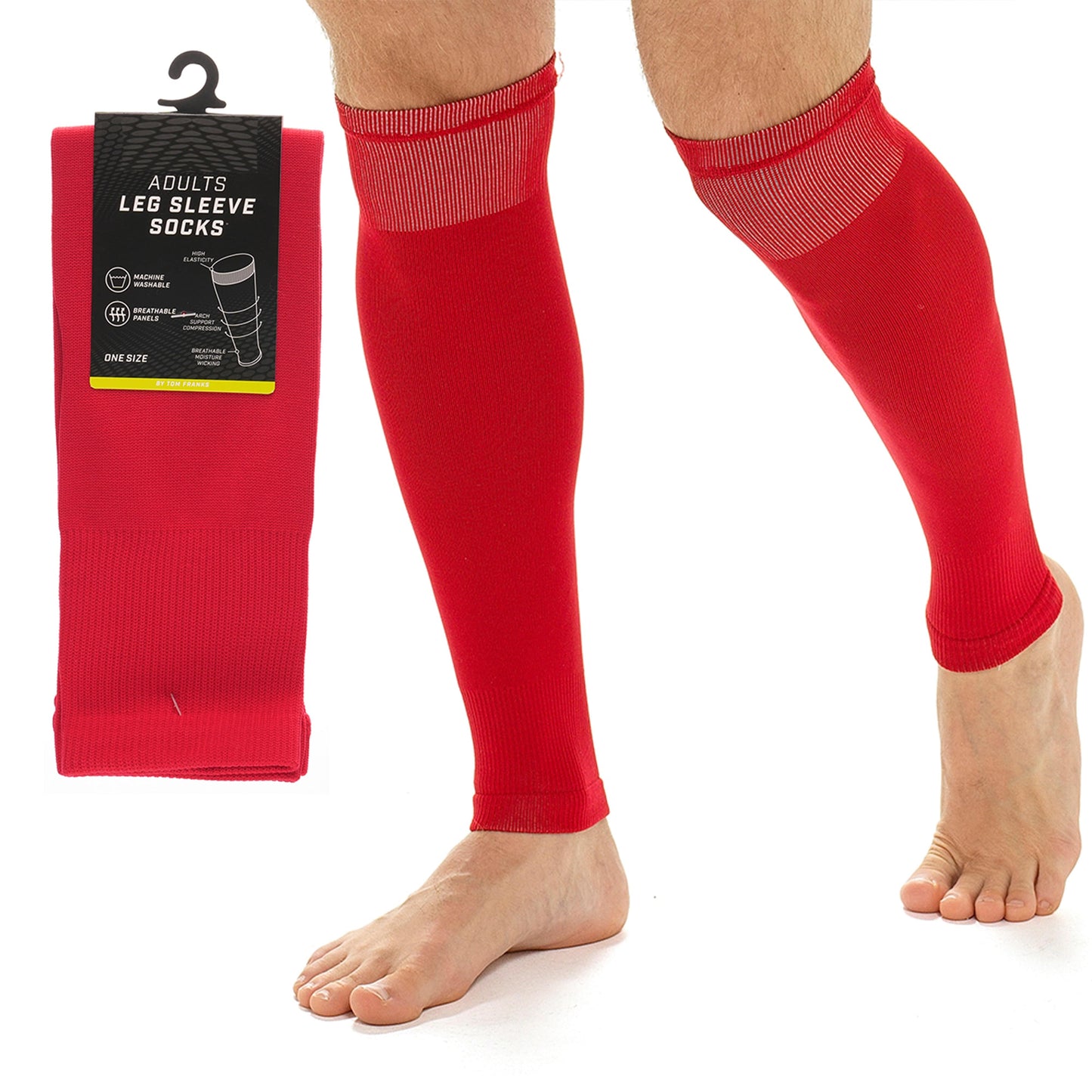 Adults Red Football Leg Sleeve Socks Compression Support Fits Over Shin Pads Breathable & Secure for Training Running by Sock Stack