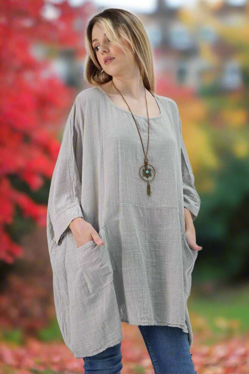 Italian Plain Cotton Necklace Batwing Boxy Top
