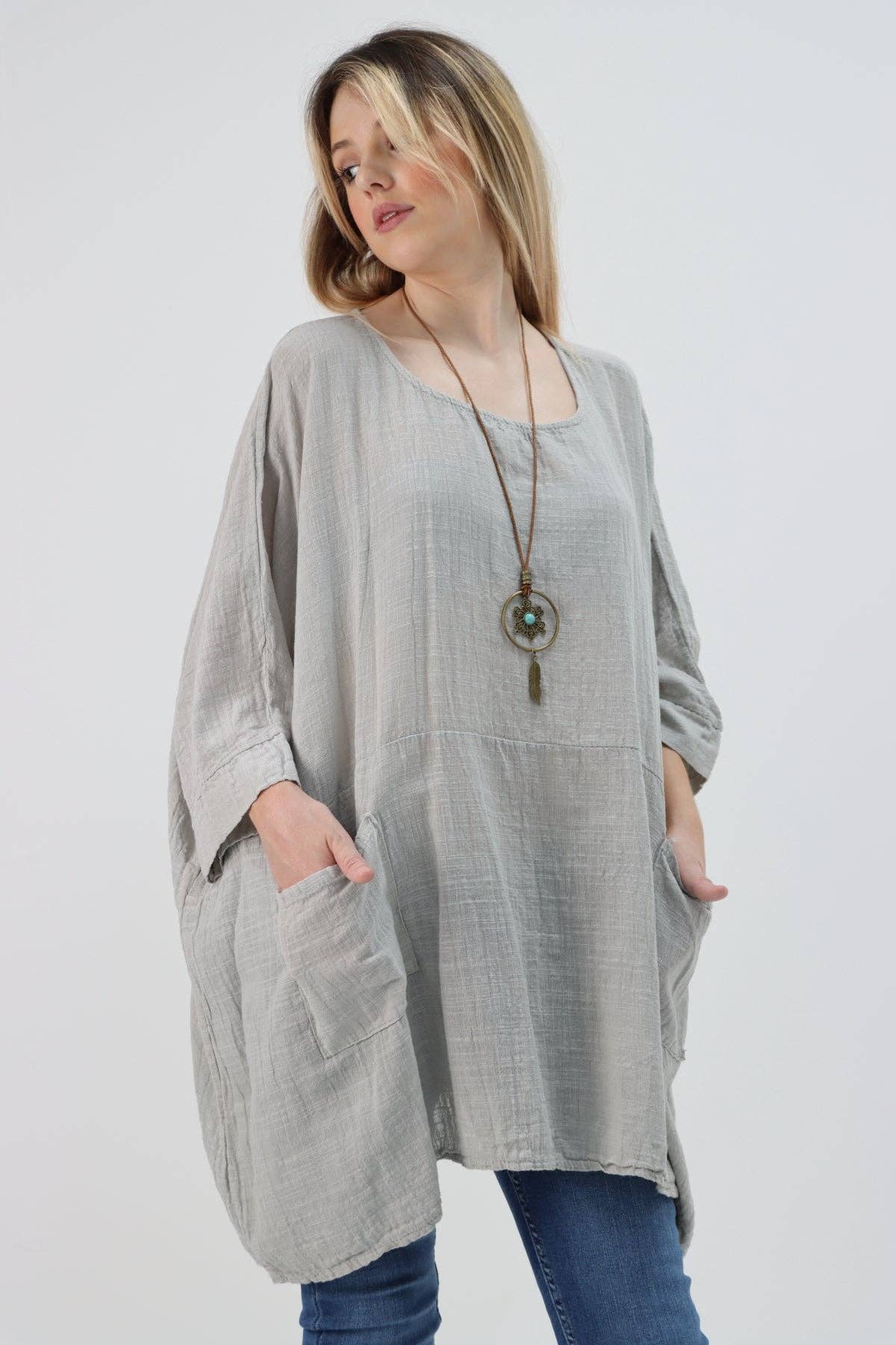 Italian Plain Cotton Necklace Batwing Boxy Top: Light Grey / One Size To Fit UK 10-24