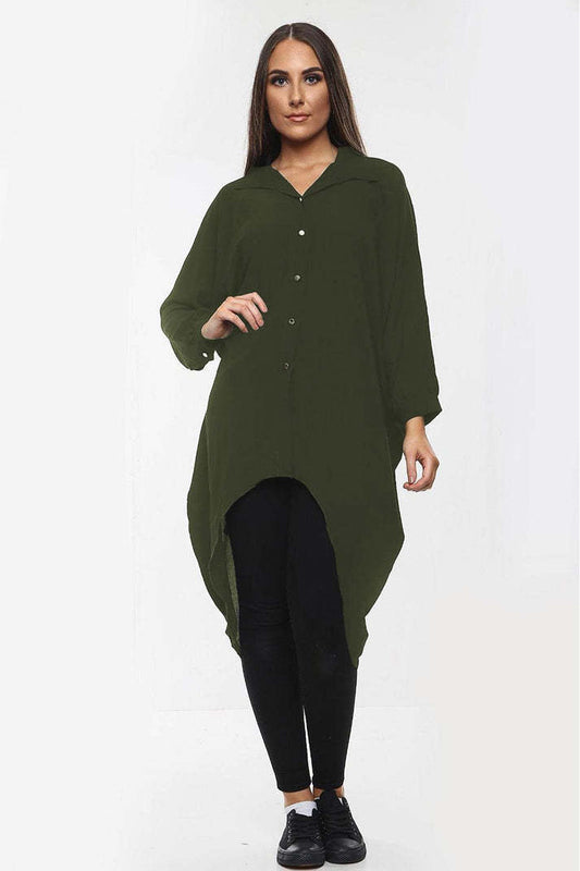 High-Low Oversized Button Long Top Shirt Dress With Hem And Long Sleeves
