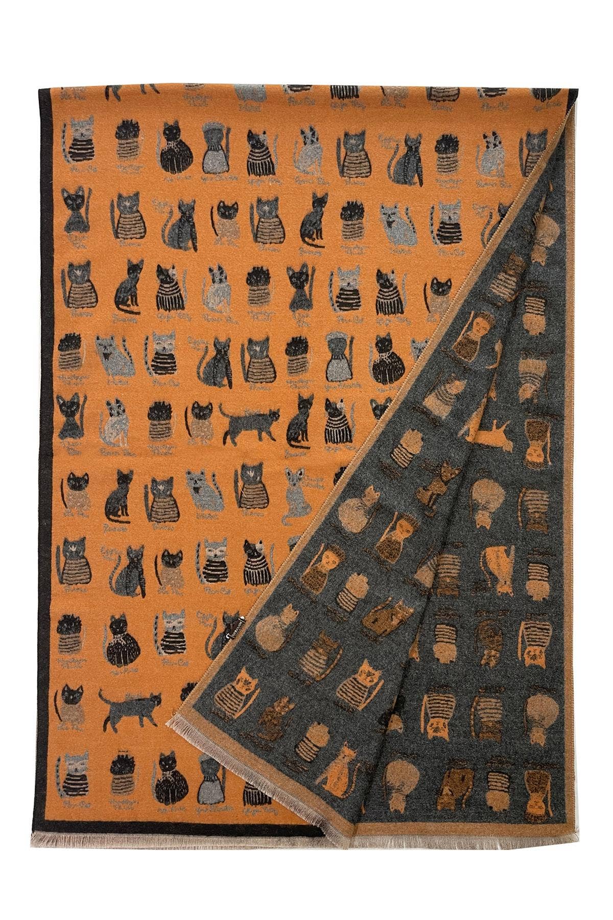 Cat Print Reversible Frayed Scarf: Black