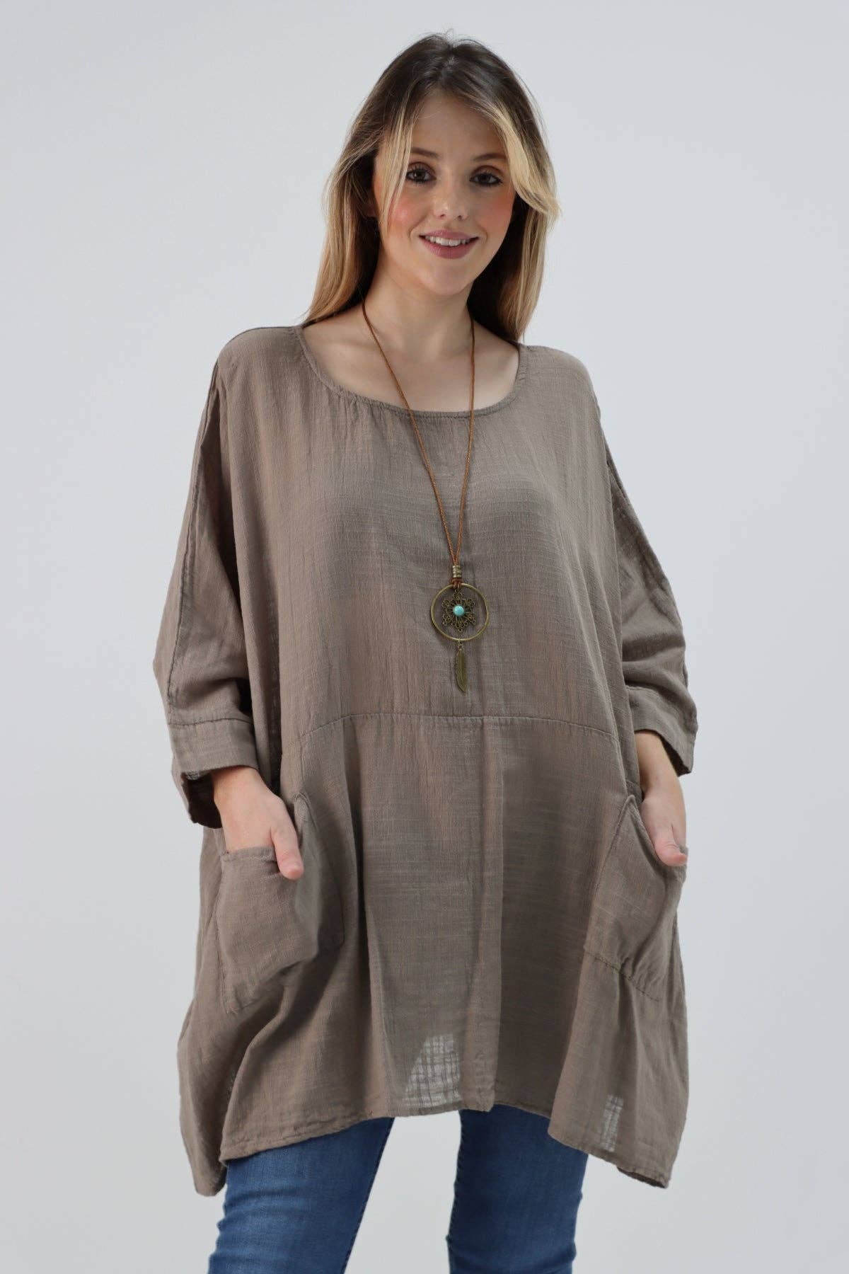 Italian Plain Cotton Necklace Batwing Boxy Top: Light Grey / One Size To Fit UK 10-24