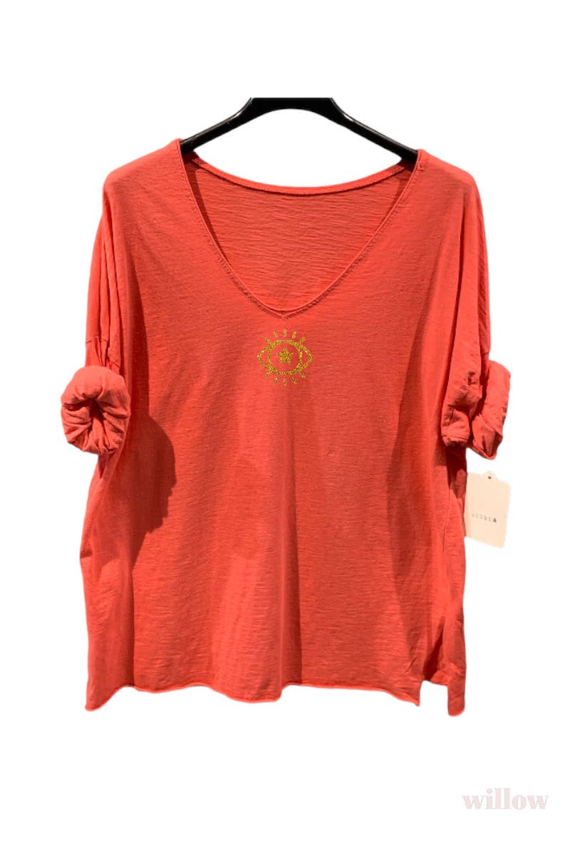 Plain cotton top with long sleeves eye logo: Khaki