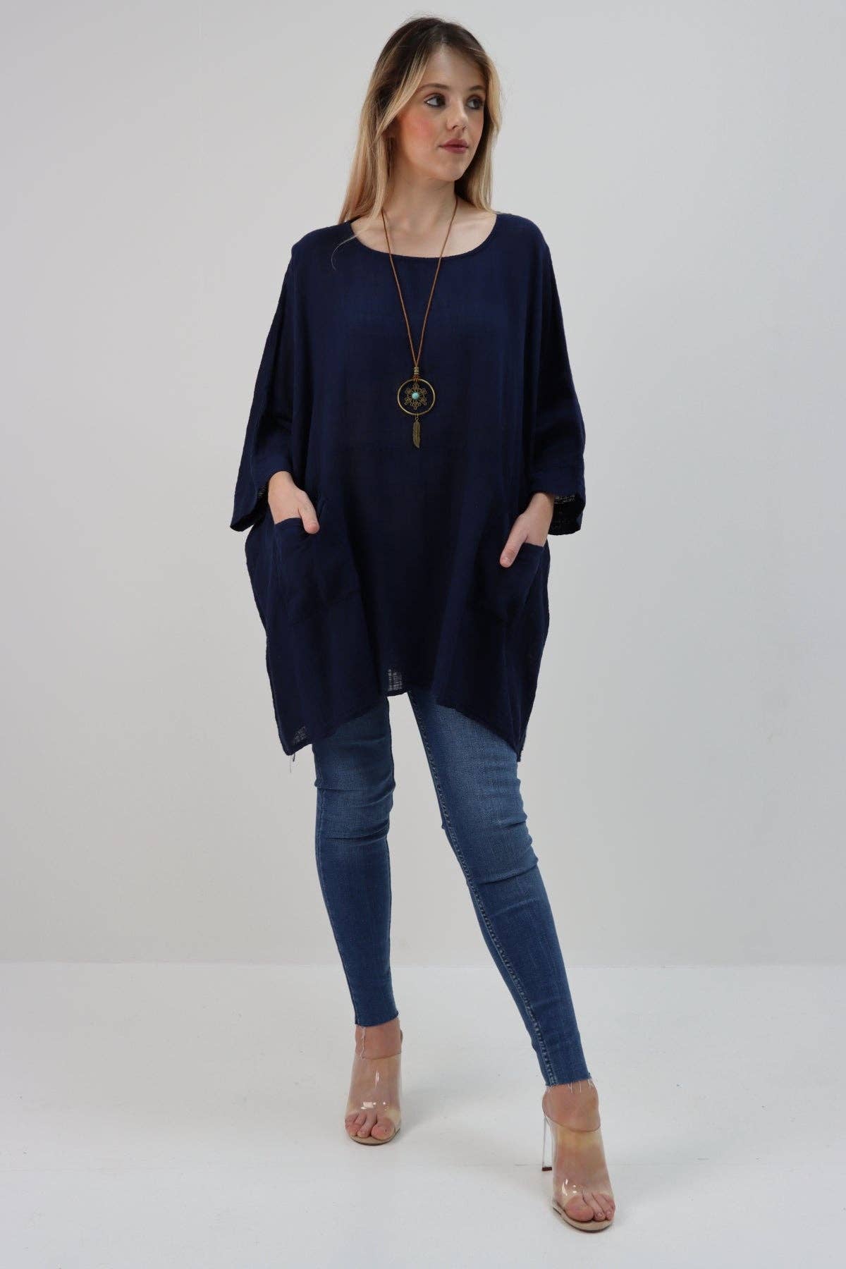 Italian Plain Cotton Necklace Batwing Boxy Top: Khaki / One Size To Fit UK 10-24