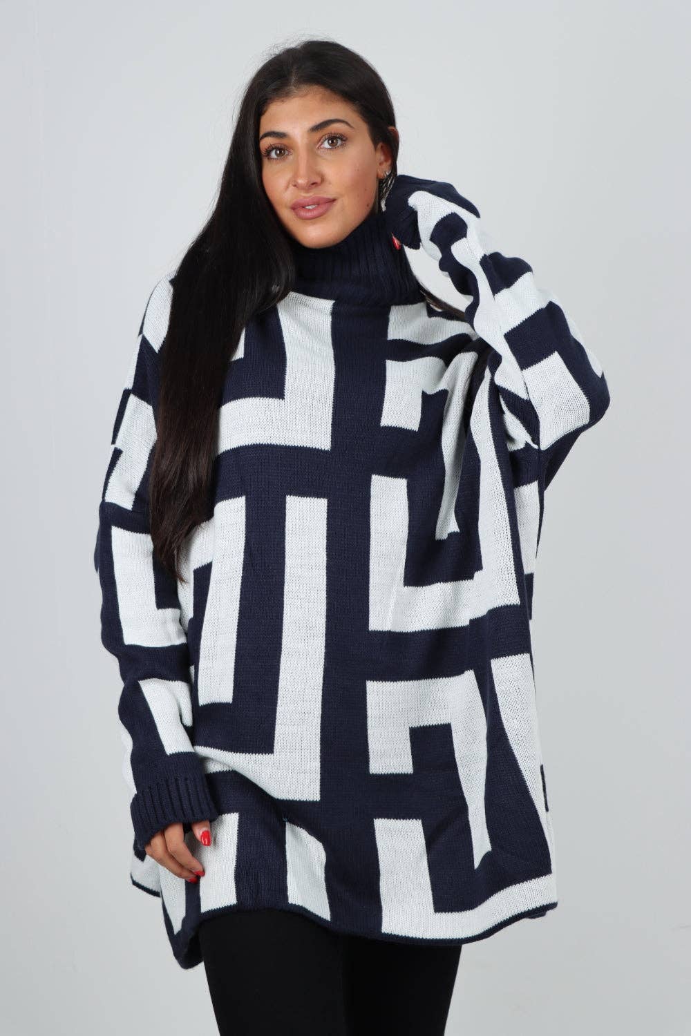 Italian High Neck Fendi Print Knitted Jumper: Khaki / One Size To Fit UK 8-24