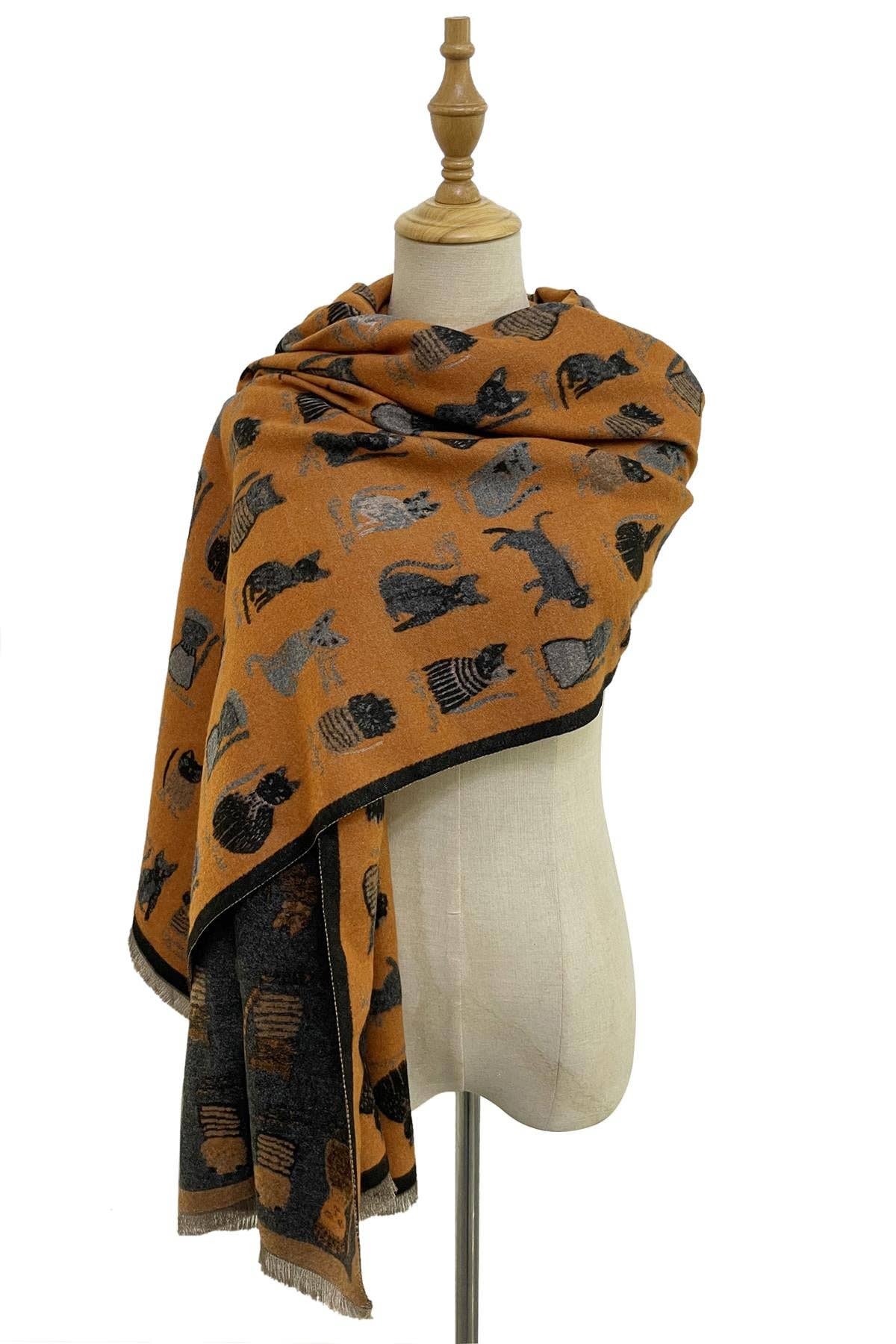 Cat Print Reversible Frayed Scarf: Black