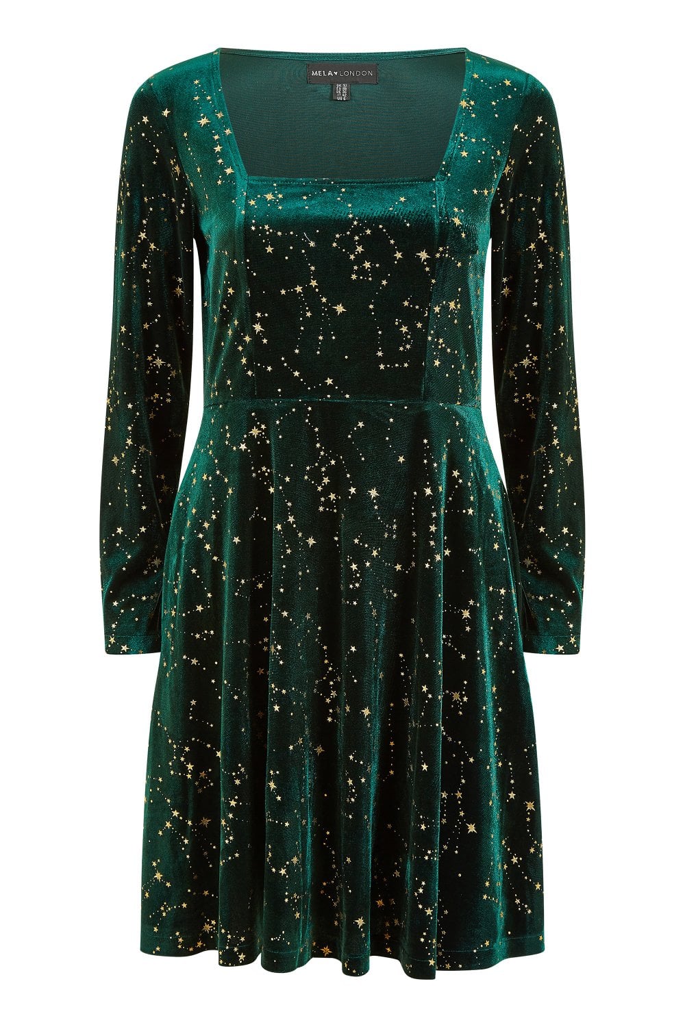 Mela Green Star Foil Print Long Sleeve Skater Dress